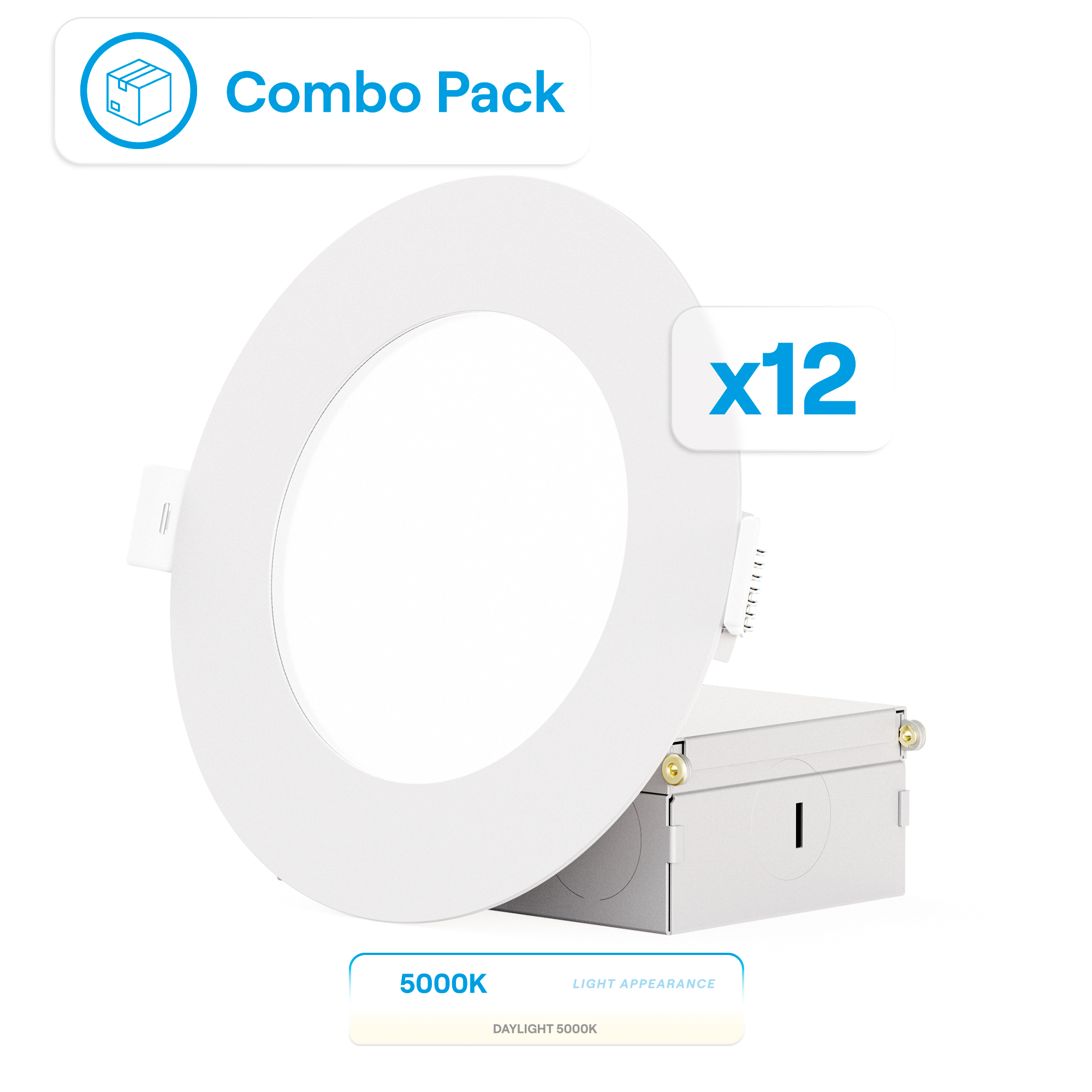 4 Inch Ultra-Thin Recessed LED Downlight, 9W 750LM, 5000K Daylight, White Trim, Wet Rated, Triac Dimmable, ETL, FCC, Energy Star, (12 Pack)