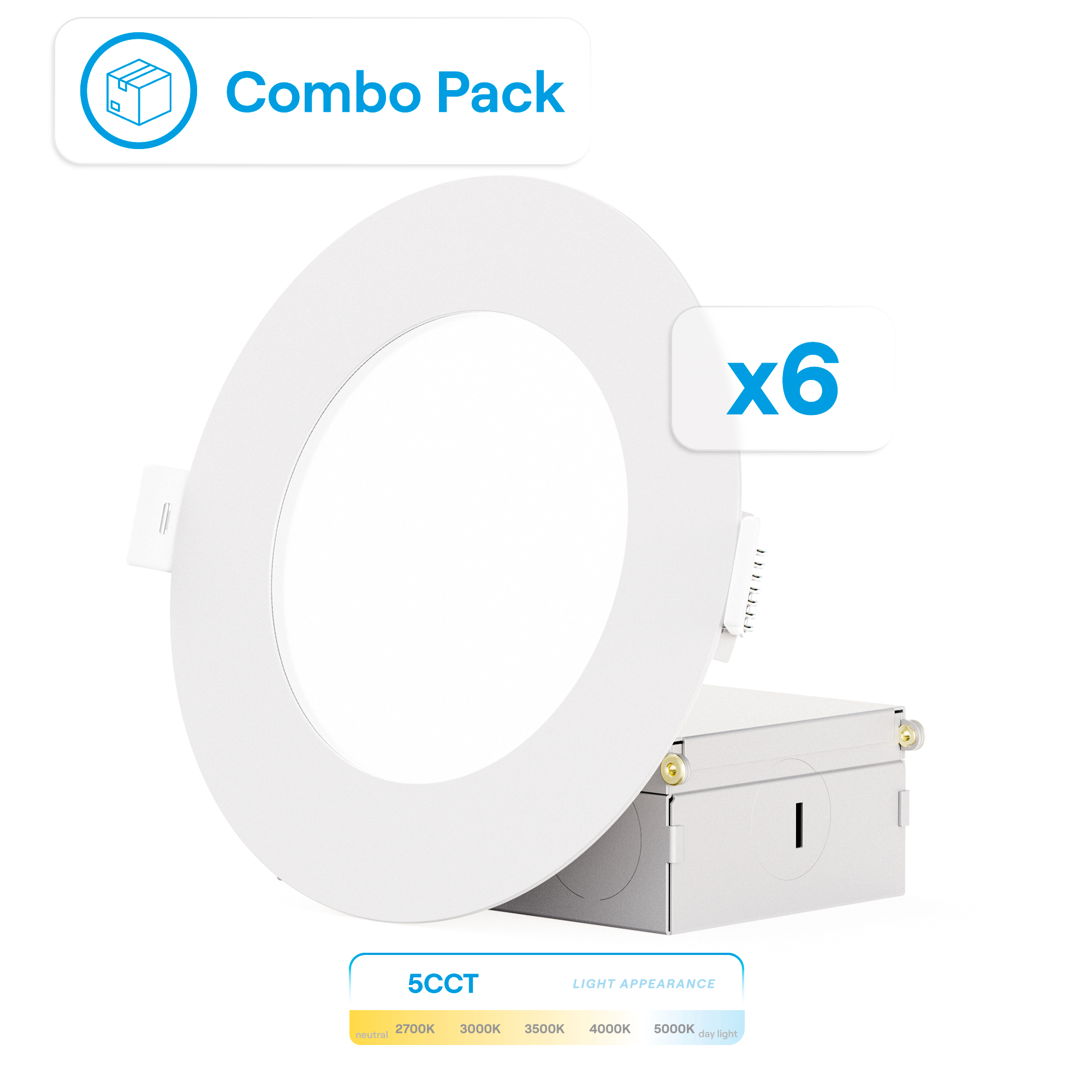 4 Inch Ultra-Thin Recessed LED Downlight, 9W 750LM, 5CCT Selectable, White Trim, Wet Rated, Triac Dimmable, ETL, FCC, Energy Star