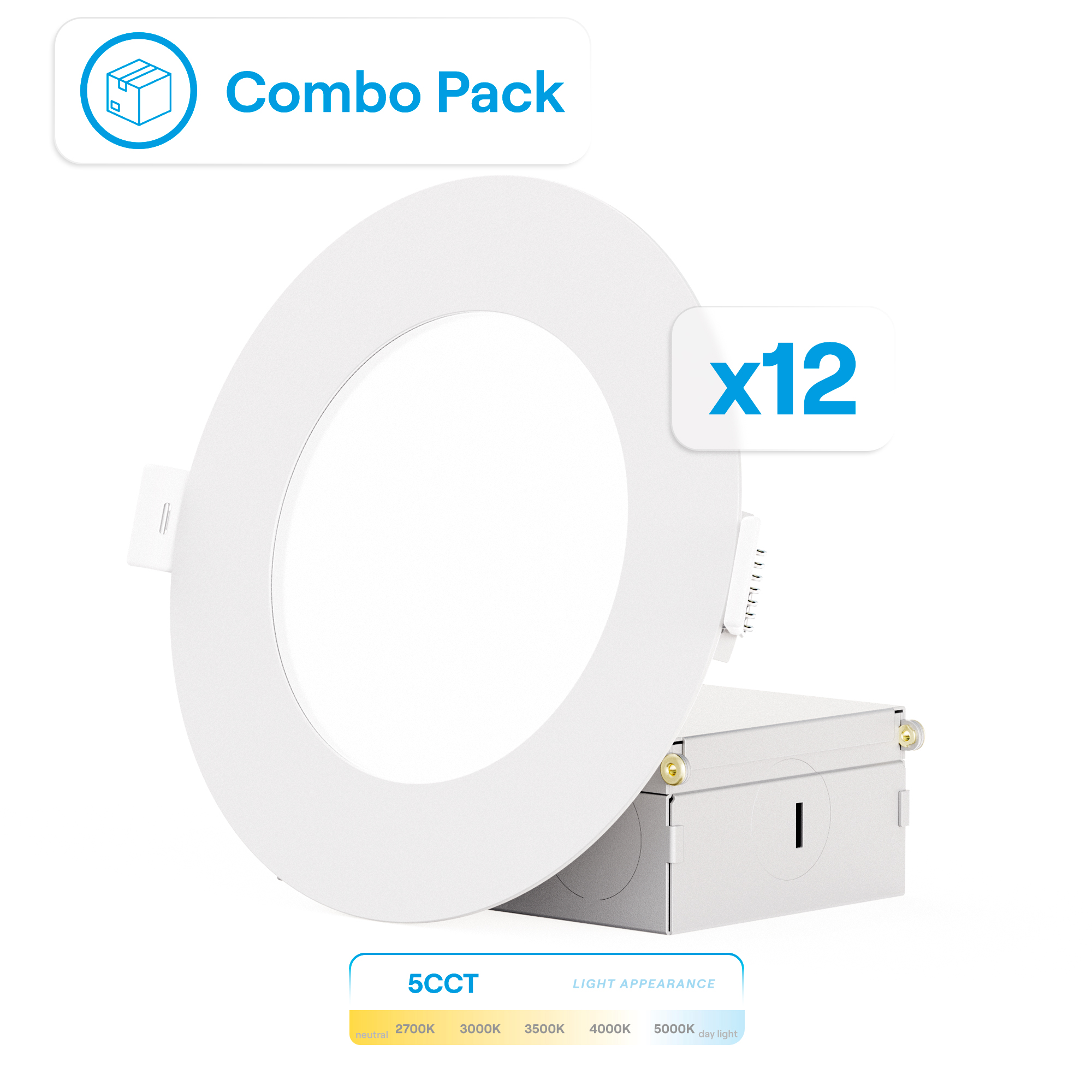 4 Inch Ultra-Thin Recessed LED Downlight, 9W 750LM, 5CCT Selectable, White Trim, Wet Rated, Triac Dimmable, ETL, FCC, Energy Star, (12 Pack)