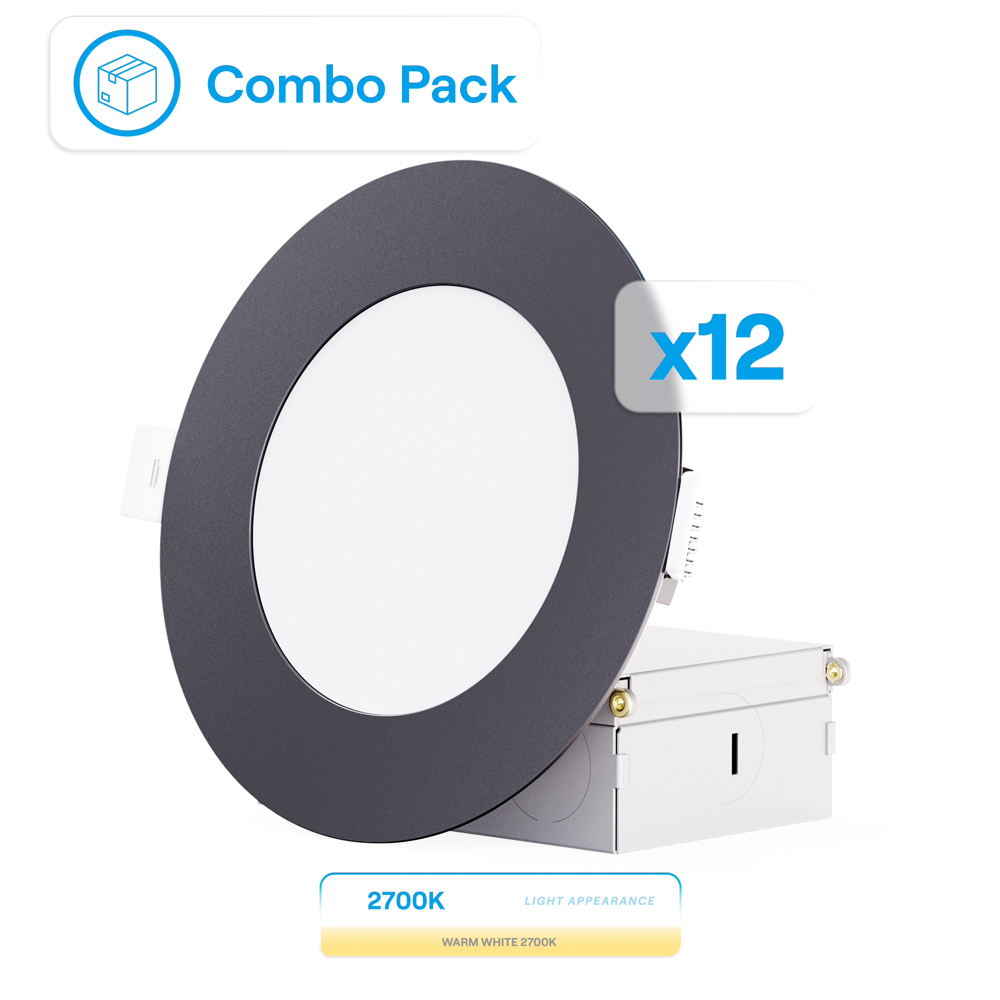 4 Inch Ultra-Thin Recessed LED Downlight, 9W 750LM, 2700K Soft White, Black Trim, Wet Rated, Triac Dimmable, ETL, FCC, Energy Star, (12 Pack)