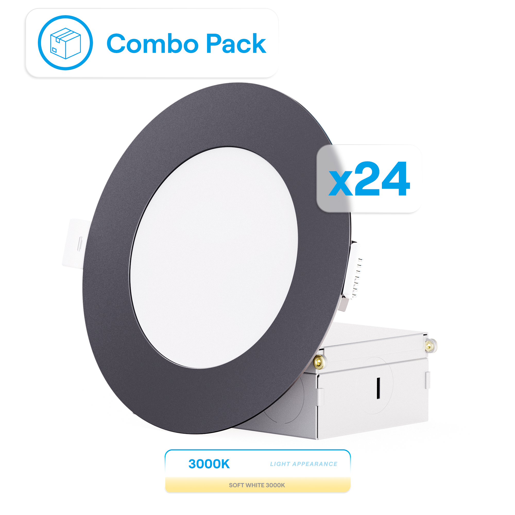 4 Inch Ultra-Thin Recessed LED Downlight, 9W 750LM, 3000K Warm White, Black Trim, Wet Rated, Triac Dimmable, ETL, FCC, Energy Star, (24 Pack)