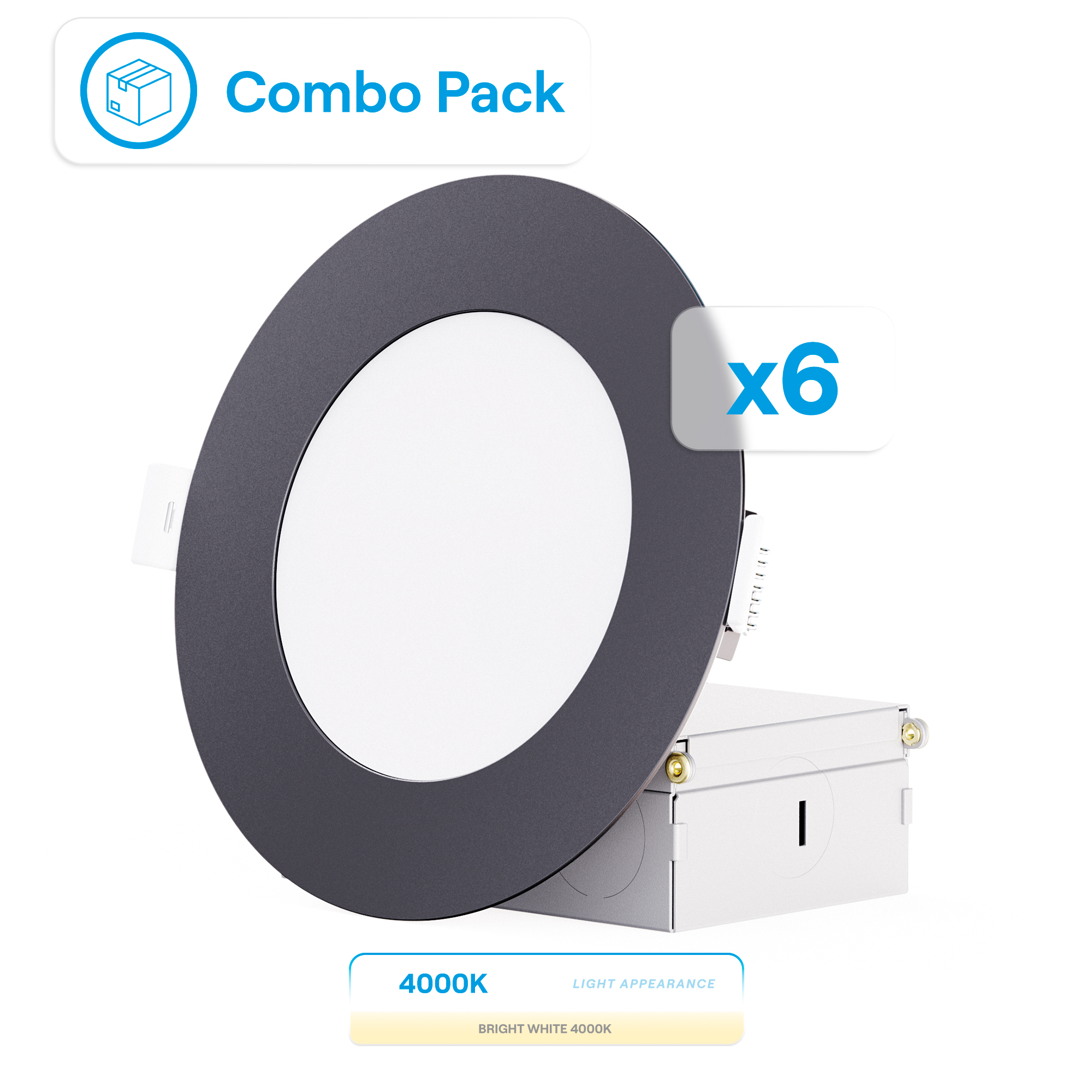 4 Inch Ultra-Thin Recessed LED Downlight, 9W 750LM, 4000K Cool White, Black Trim, Wet Rated, Triac Dimmable, ETL, FCC, Energy Star, (6 Pack)