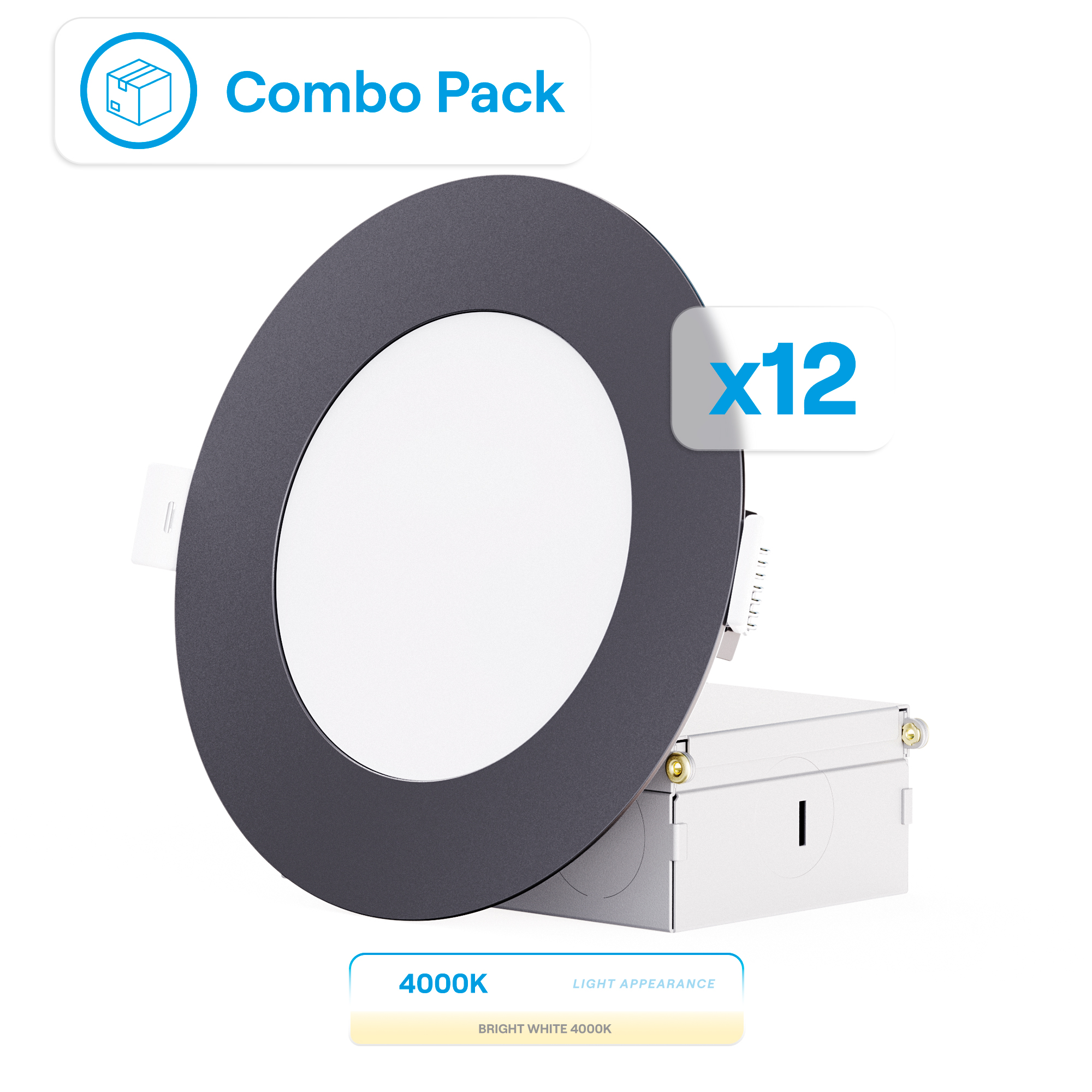 4 Inch Ultra-Thin Recessed LED Downlight, 9W 750LM, 4000K Cool White, Black Trim, Wet Rated, Triac Dimmable, ETL, FCC, Energy Star, (6 Pack)