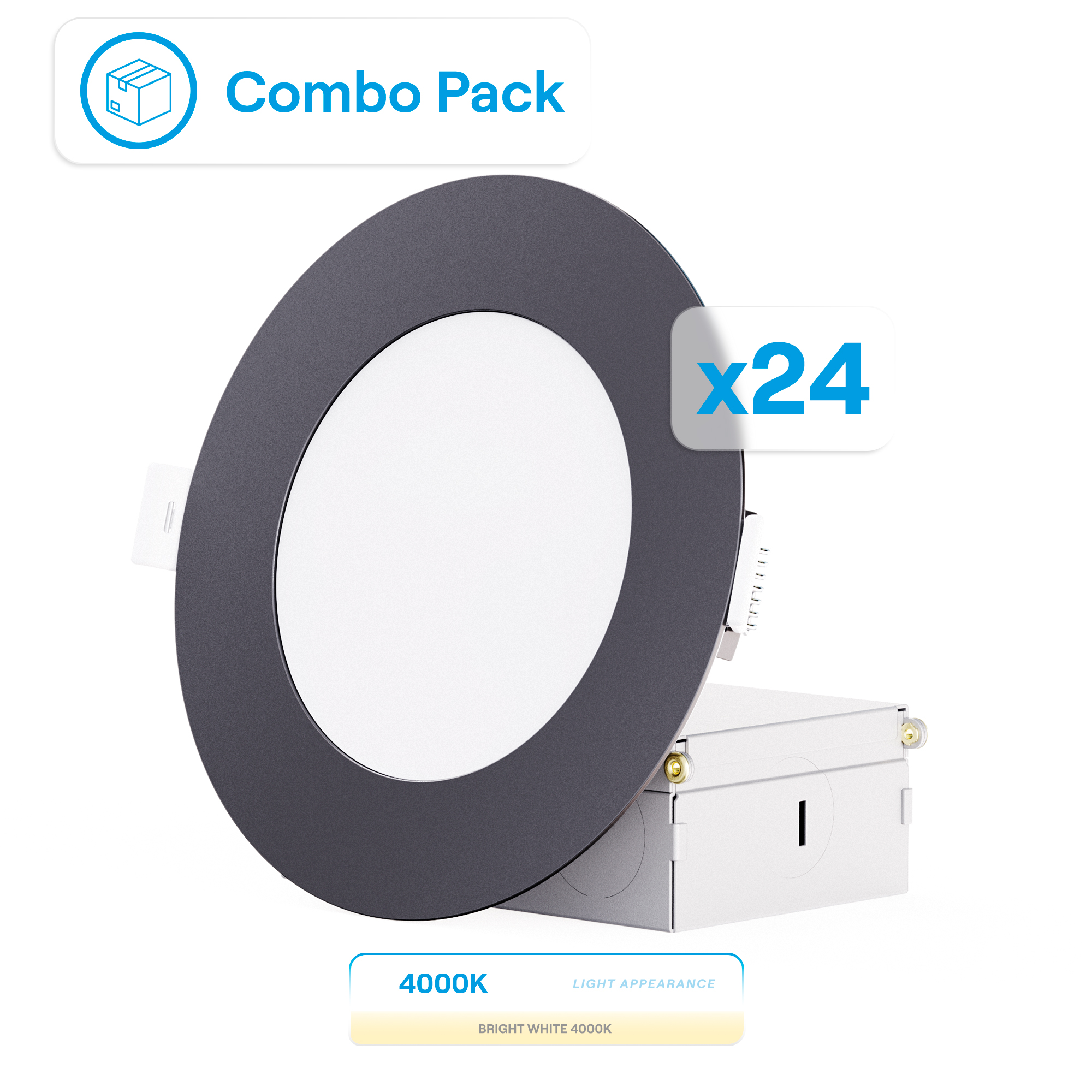 4 Inch Ultra-Thin Recessed LED Downlight, 9W 750LM, 4000K Cool White, Black Trim, Wet Rated, Triac Dimmable, ETL, FCC, Energy Star, (24 Pack)