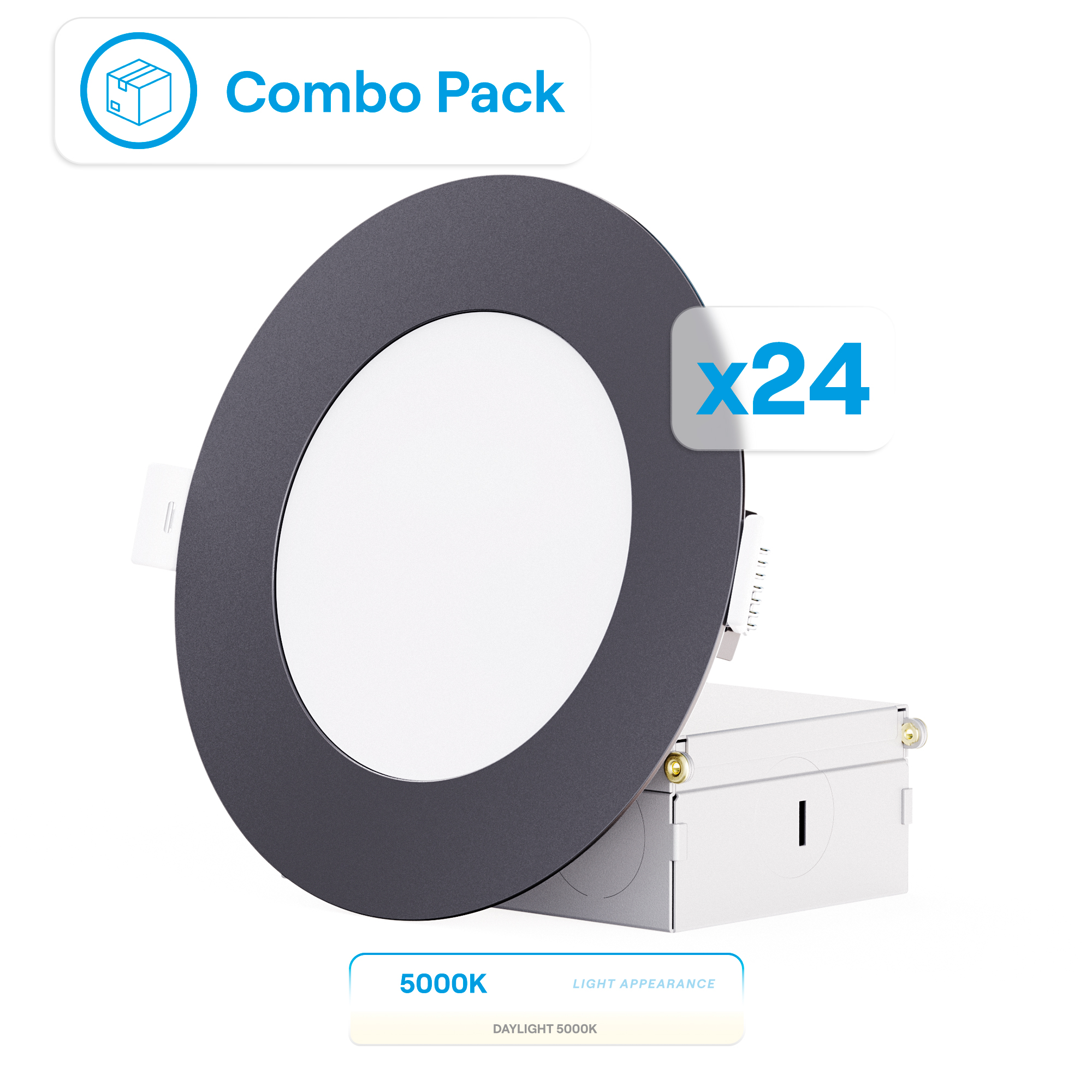 4 Inch Ultra-Thin Recessed LED Downlight, 9W 750LM, 5000K Daylight, Black Trim, Wet Rated, Triac Dimmable, ETL, FCC, Energy Star, (24 Pack)