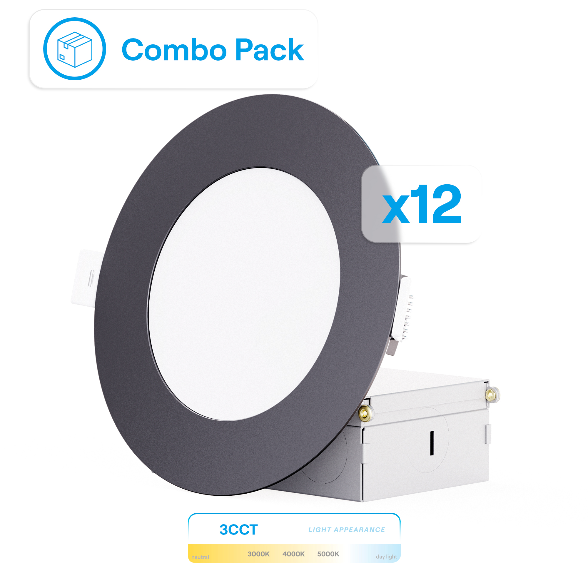 4 Inch Ultra-Thin Recessed LED Downlight, 9W 750LM, 3CCT Selectable, Black Trim, Wet Rated, Triac Dimmable, ETL, FCC, Energy Star, (12 Pack)