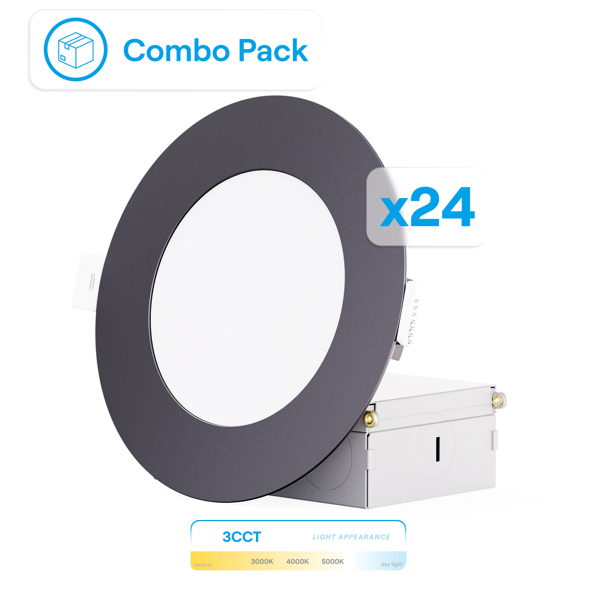 4 Inch Ultra-Thin Recessed LED Downlight, 9W 750LM, 3CCT Selectable, Black Trim, Wet Rated, Triac Dimmable, ETL, FCC, Energy Star, (24 Pack)