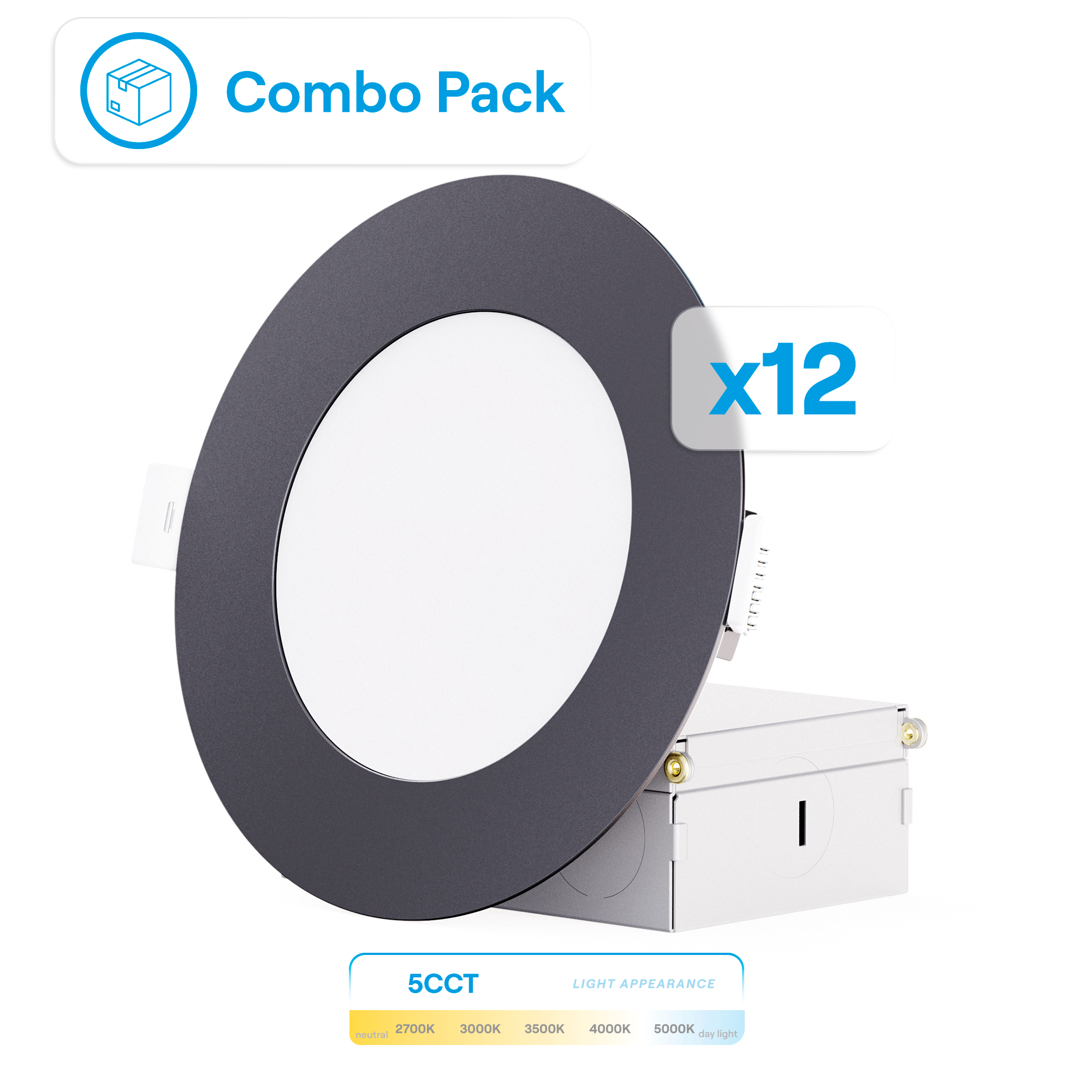 4 Inch Ultra-Thin Recessed LED Downlight, 9W 750LM, 5CCT Selectable, Black Trim, Wet Rated, Triac Dimmable, ETL, FCC, Energy Star, (12 Pack)