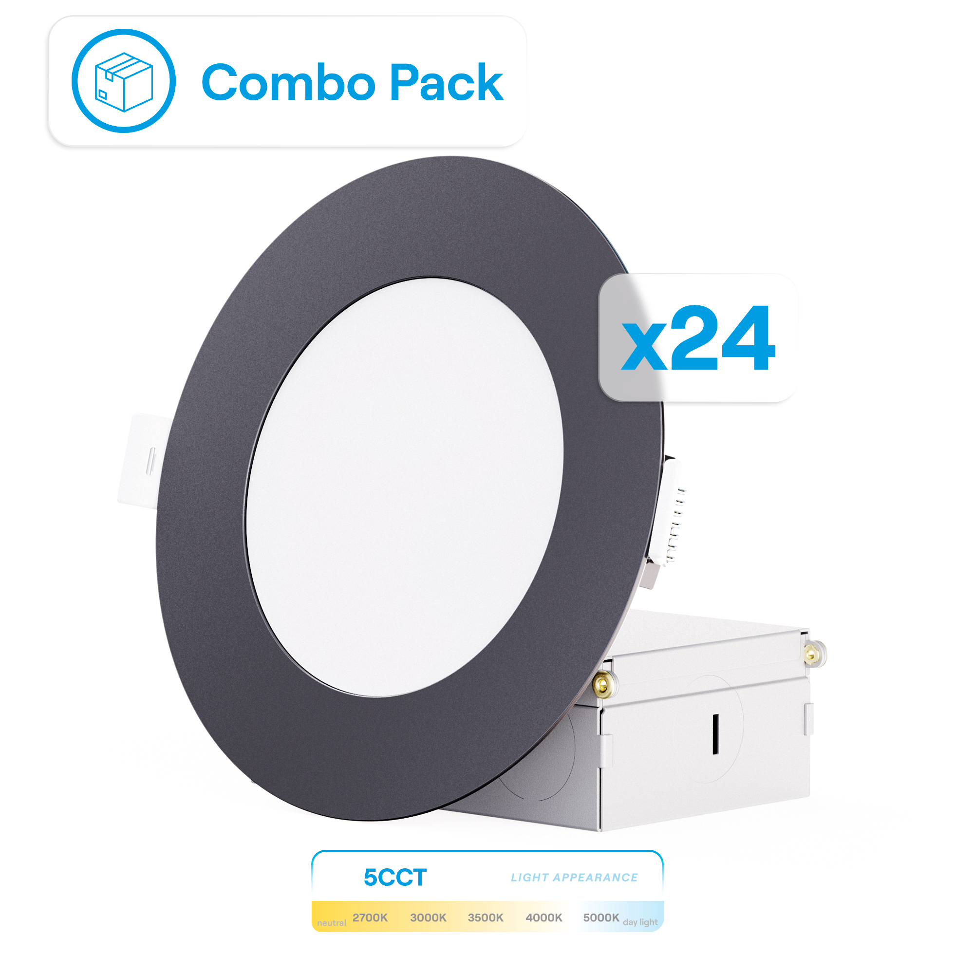 4 Inch Ultra-Thin Recessed LED Downlight, 9W 750LM, 5CCT Selectable, Black Trim, Wet Rated, Triac Dimmable, ETL, FCC, Energy Star, (24 Pack)