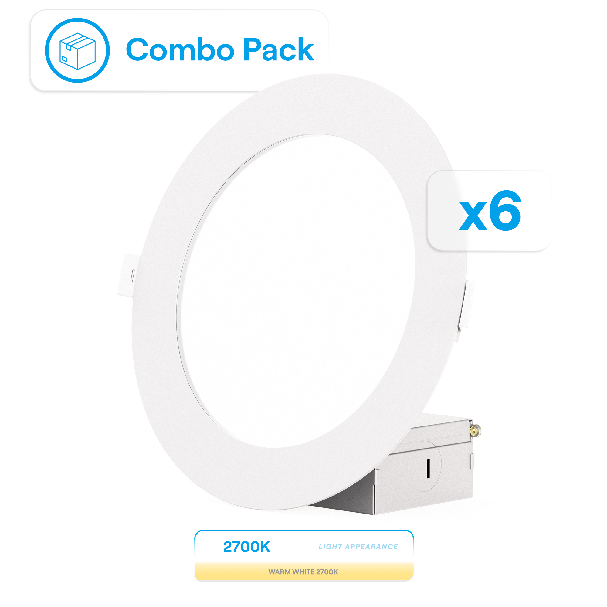 6 Inch Ultra-Thin Recessed LED Downlight, 12W 1,050LM, 2700K Soft White, White Trim, Wet Rated, Triac Dimmable, ETL, FCC, Energy Star