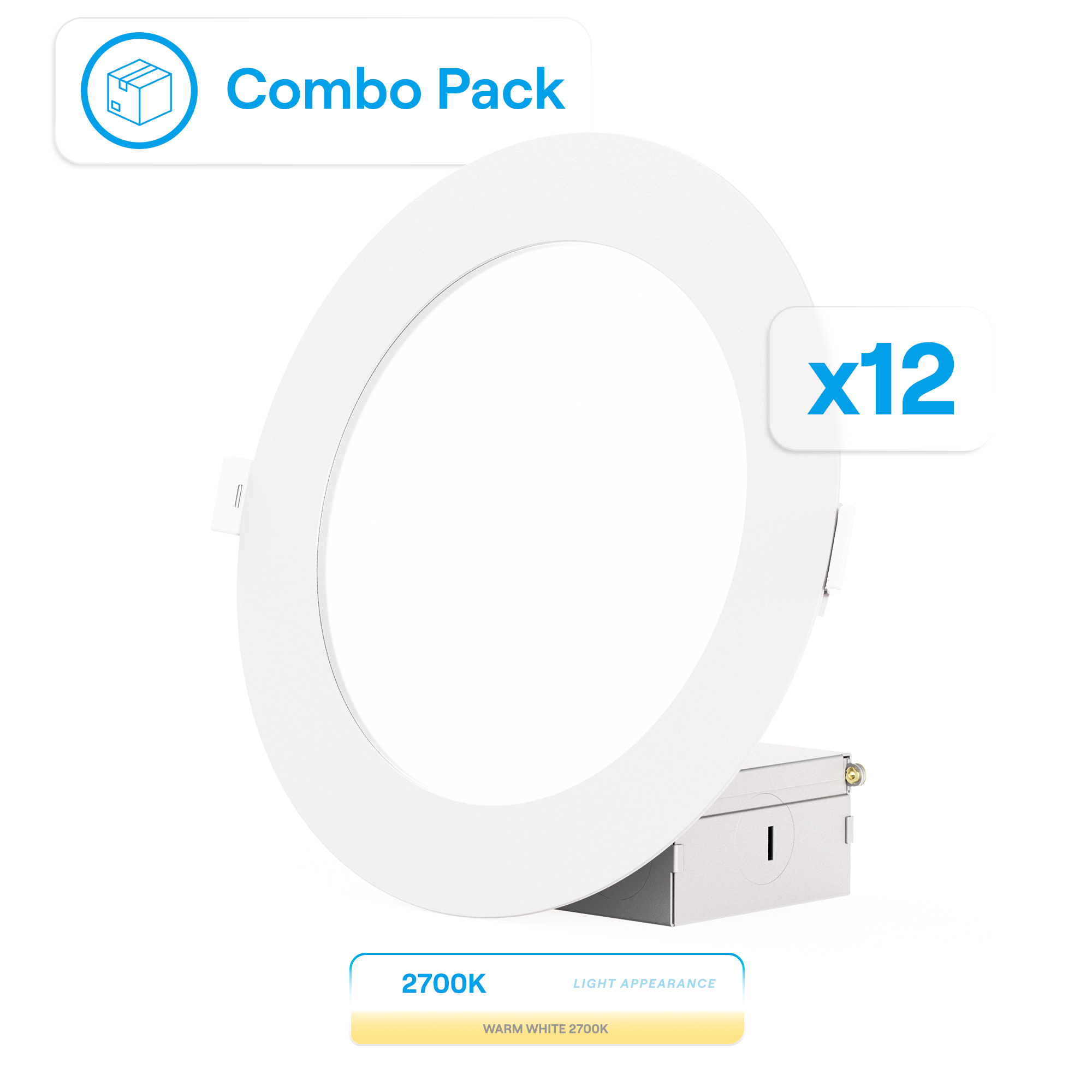 6 Inch Ultra-Thin Recessed LED Downlight, 12W 1,050LM, 2700K Soft White, White Trim, Wet Rated, Triac Dimmable, ETL, FCC, Energy Star