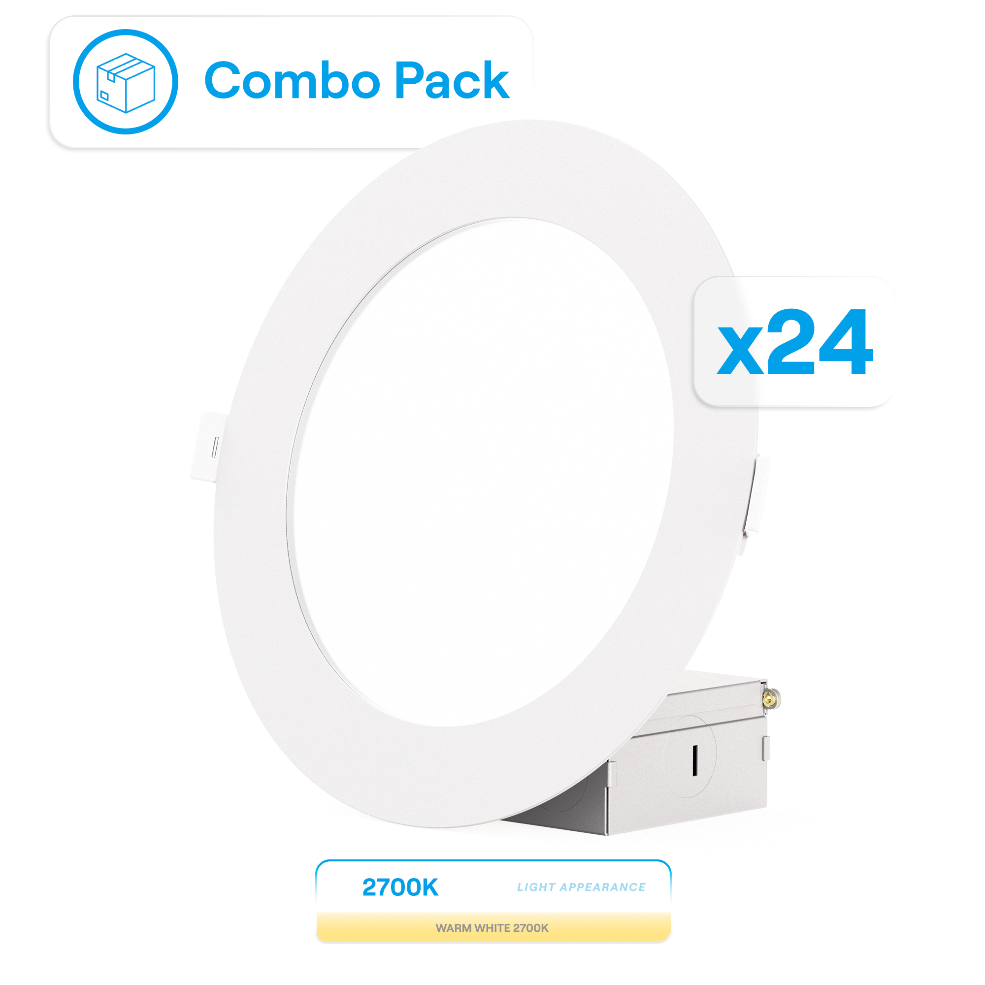6 Inch Ultra-Thin Recessed LED Downlight, 12W 1,050LM, 2700K Soft White, White Trim, Wet Rated, Triac Dimmable, ETL, FCC, Energy Star, (24 Pack)