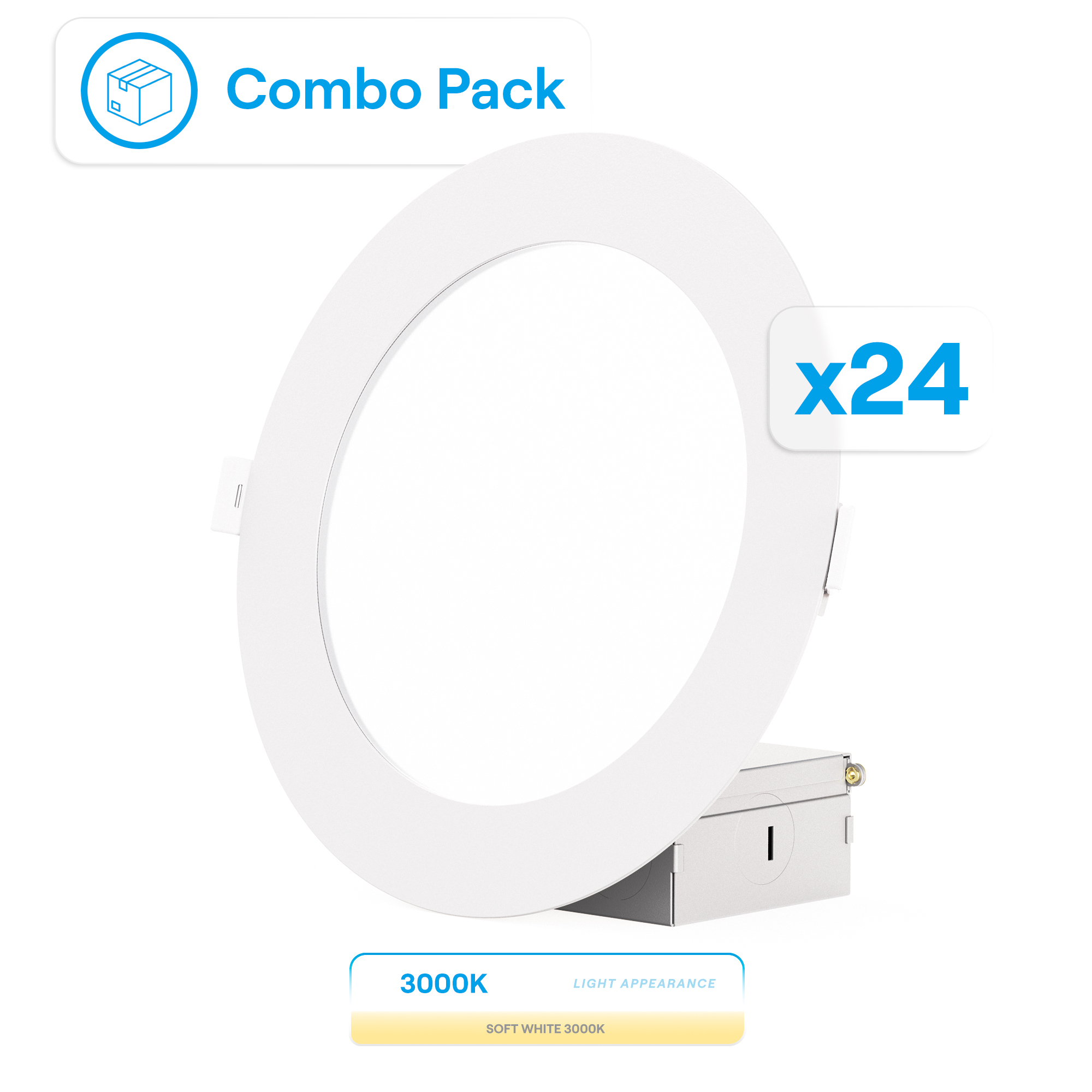 6 Inch Ultra-Thin Recessed LED Downlight, 12W 1,050LM, 3000K Warm White, White Trim, Wet Rated, Triac Dimmable, ETL, FCC, Energy Star, (24 Pack)