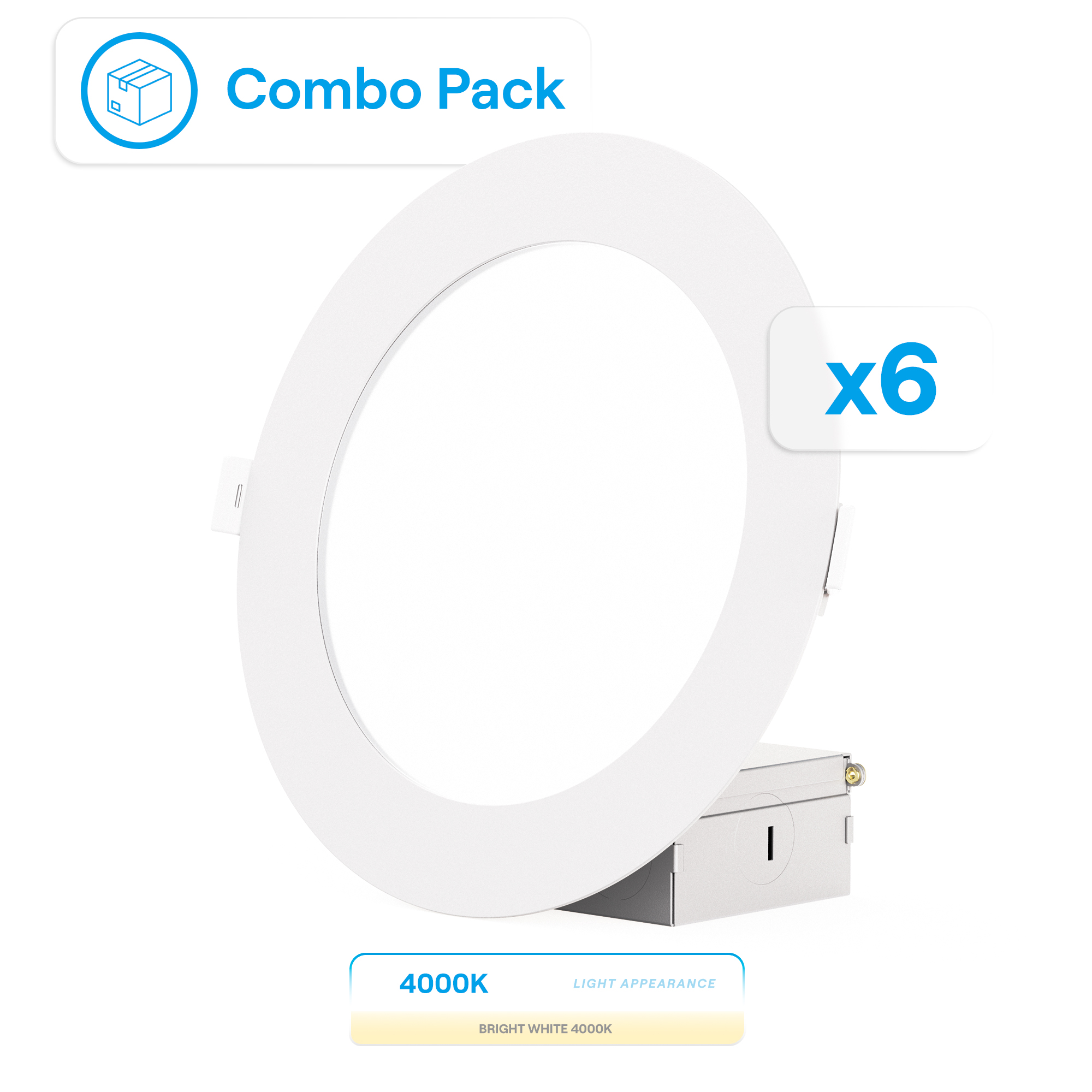 6 Inch Ultra-Thin Recessed LED Downlight, 12W 1,050LM, 4000K Cool White, White Trim, Wet Rated, Triac Dimmable, ETL, FCC, Energy Star