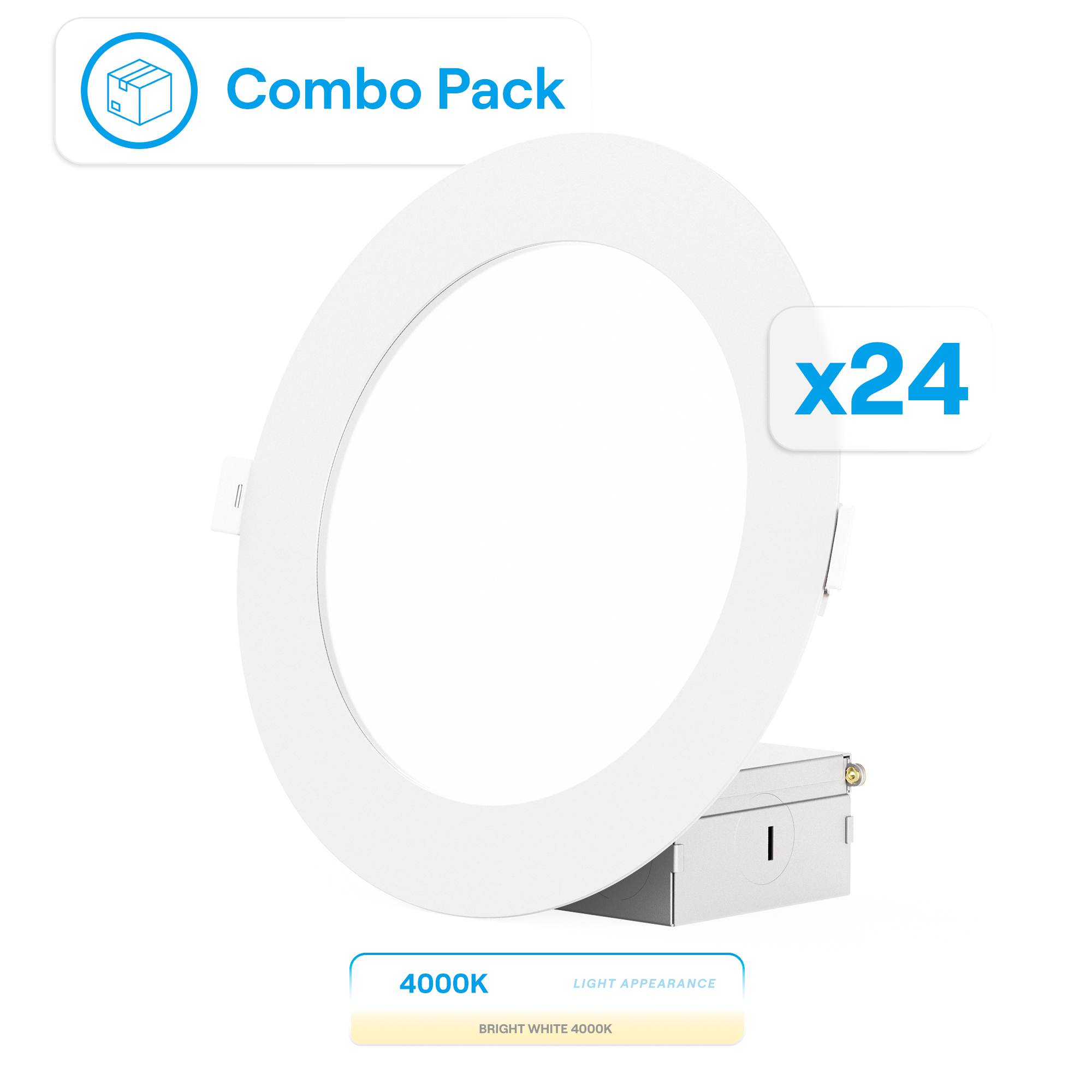 6 Inch Ultra-Thin Recessed LED Downlight, 12W 1,050LM, 4000K Cool White, White Trim, Wet Rated, Triac Dimmable, ETL, FCC, Energy Star, (24 Pack)