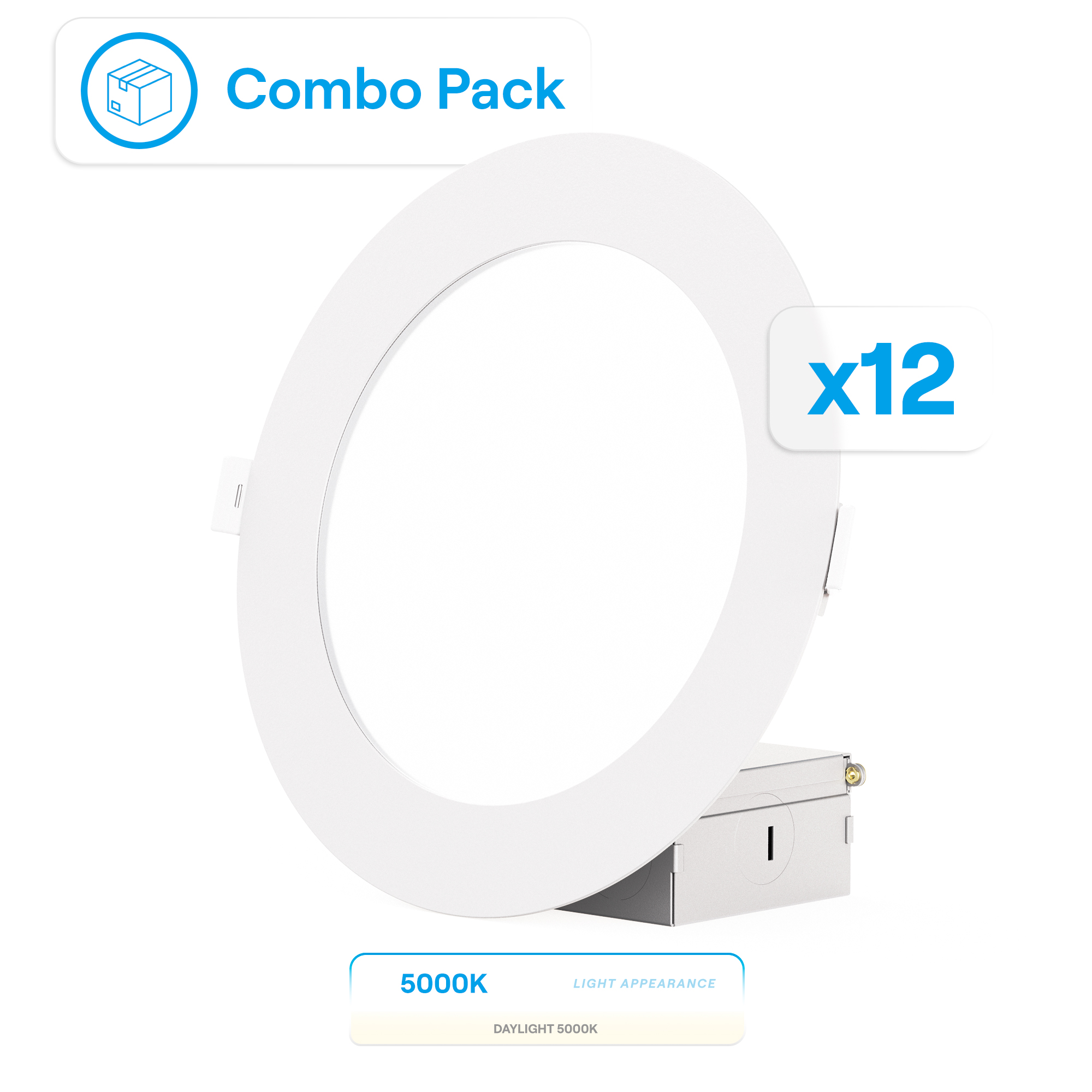 6 Inch Ultra-Thin Recessed LED Downlight, 12W 1,050LM, 5000K Daylight, White Trim, Wet Rated, Triac Dimmable, ETL, FCC, Energy Star