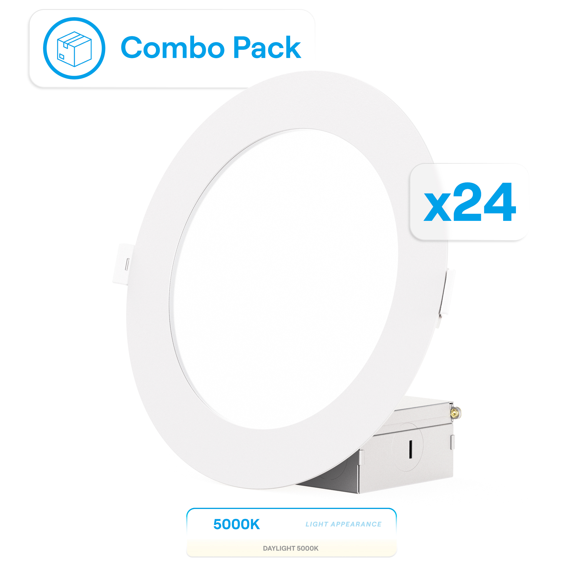 6 Inch Ultra-Thin Recessed LED Downlight, 12W 1,050LM, 5000K Daylight, White Trim, Wet Rated, Triac Dimmable, ETL, FCC, Energy Star, (24 Pack)