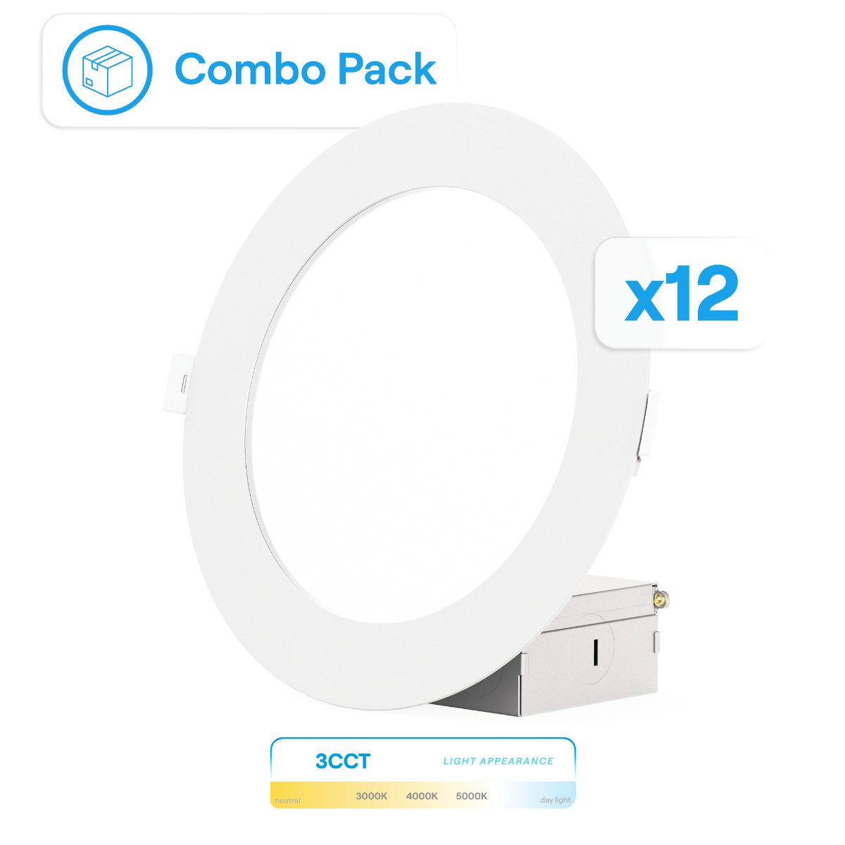 6 Inch Ultra-Thin Recessed LED Downlight, 12W 1,050LM, 3CCT Selectable, White Trim, Wet Rated, Triac Dimmable, ETL, FCC, Energy Star, (12 Pack)