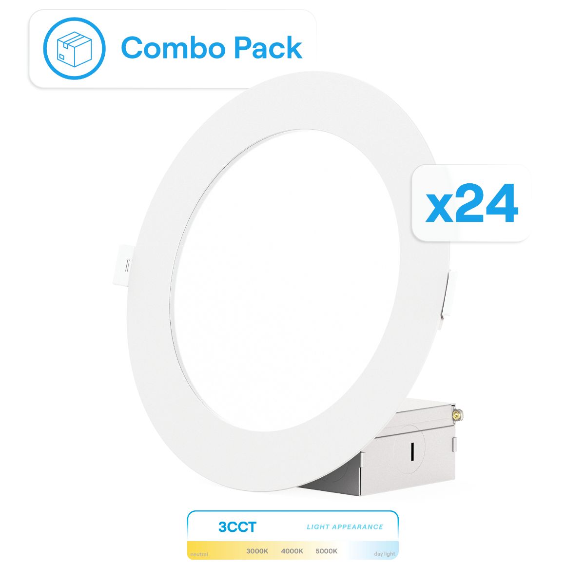 6 Inch Ultra-Thin Recessed LED Downlight, 12W 1,050LM, 3CCT Selectable, White Trim, Wet Rated, Triac Dimmable, ETL, FCC, Energy Star, (24 Pack)