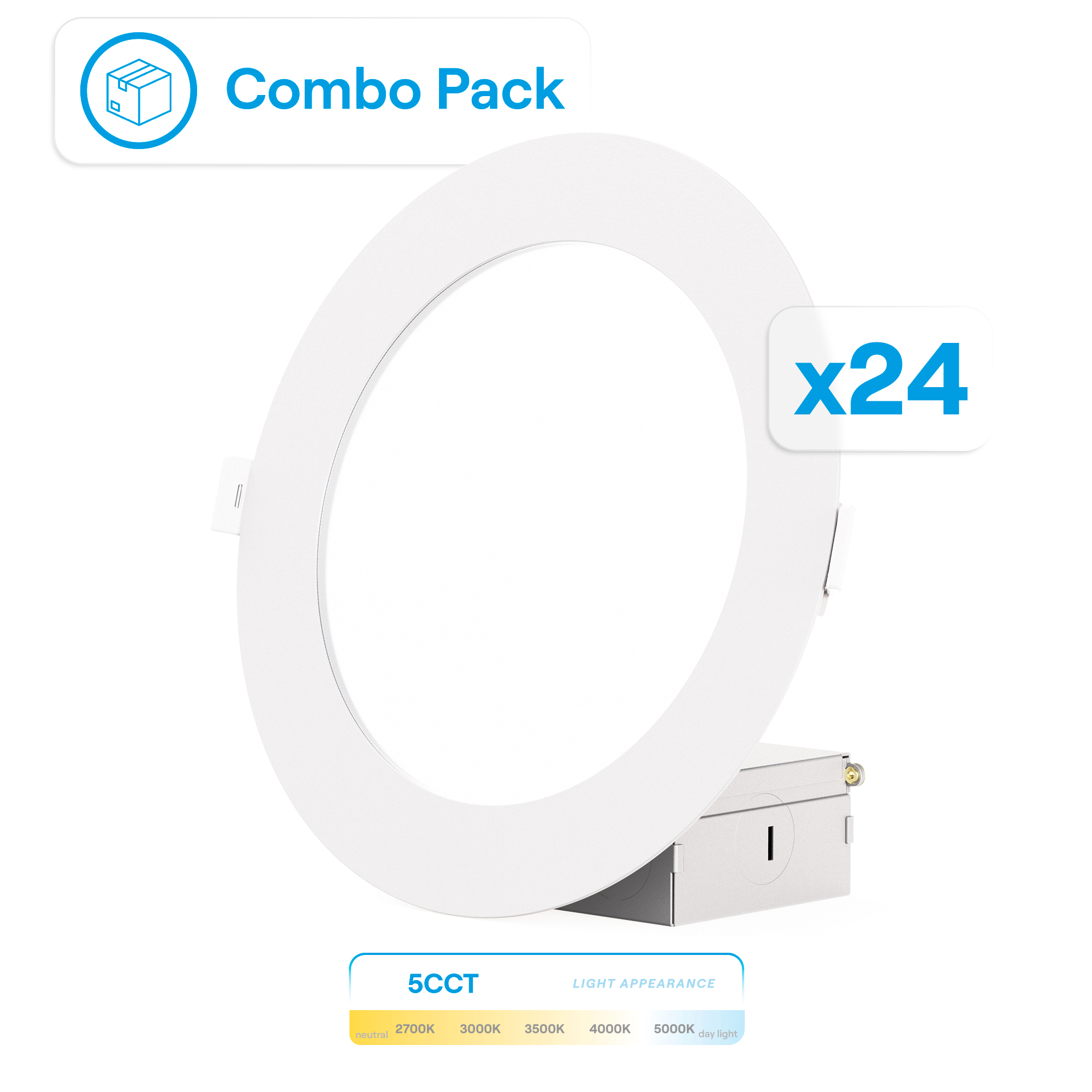 6 Inch Ultra-Thin Recessed LED Downlight, 12W 1,050LM, 5CCT Selectable, White Trim, Wet Rated, Triac Dimmable, ETL, FCC, Energy Star, (24 Pack)
