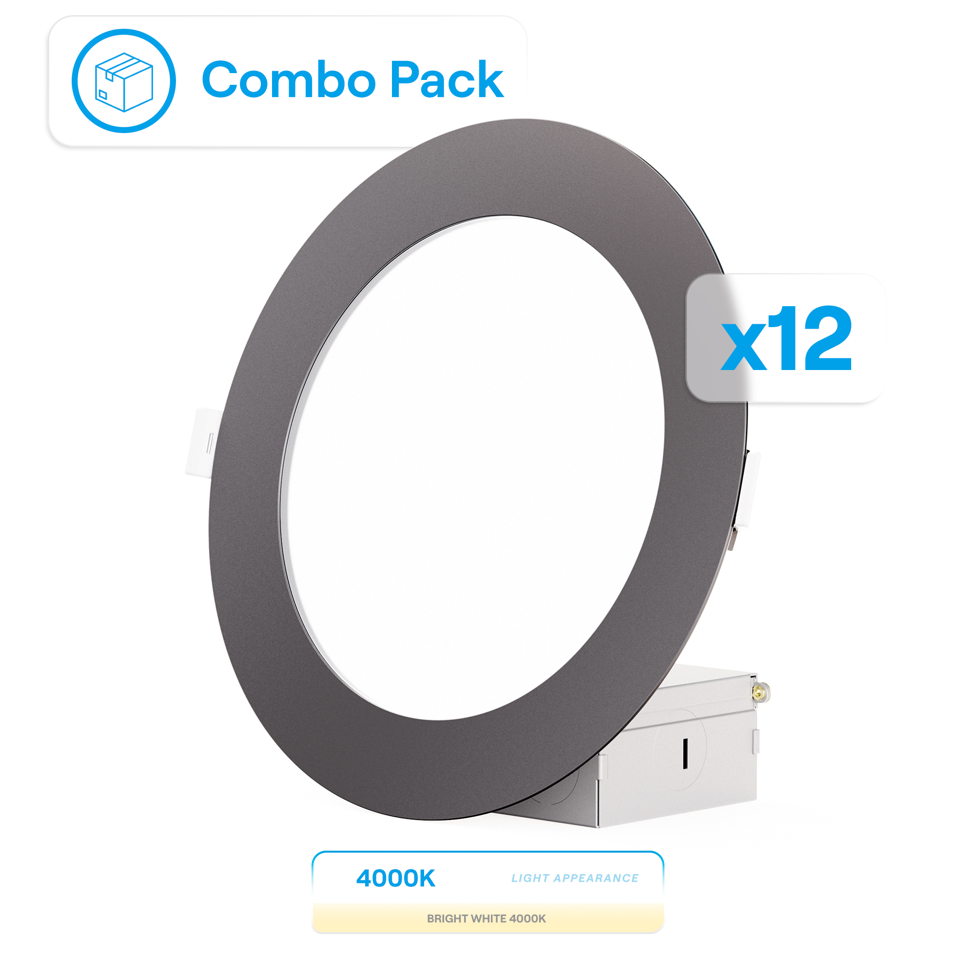 6 Inch Ultra-Thin Recessed LED Downlight, 12W 1,050LM, 4000K Cool White, Black Trim, Wet Rated, Triac Dimmable, ETL, FCC, Energy Star, (12 Pack)