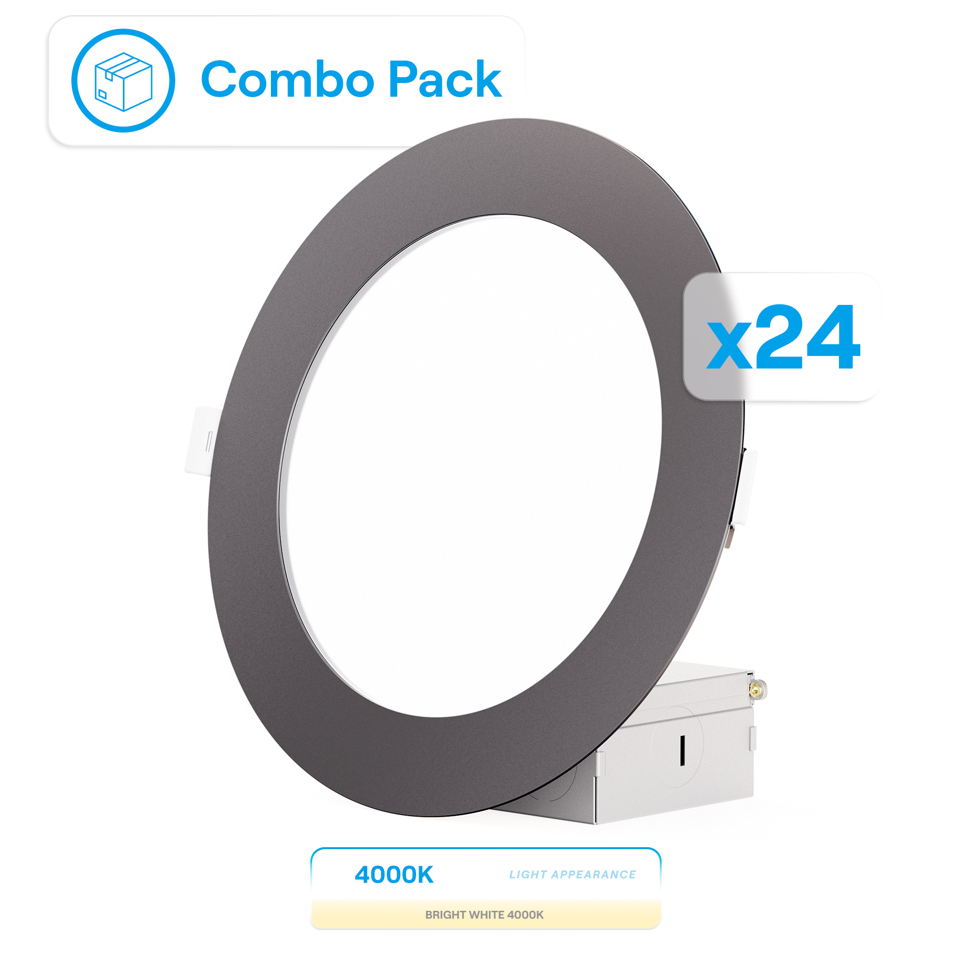 6 Inch Ultra-Thin Recessed LED Downlight, 12W 1,050LM, 4000K Cool White, Black Trim, Wet Rated, Triac Dimmable, ETL, FCC, Energy Star, (24 Pack)