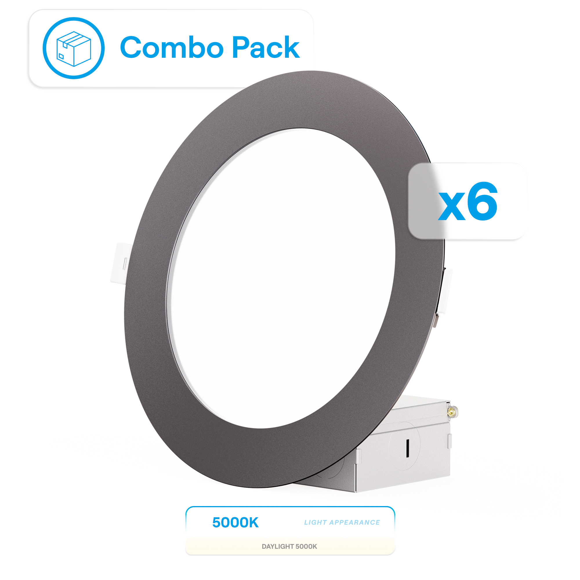 6 Inch Ultra-Thin Recessed LED Downlight, 12W 1,050LM, 5000K Daylight, Black Trim, Wet Rated, Triac Dimmable, ETL, FCC, Energy Star