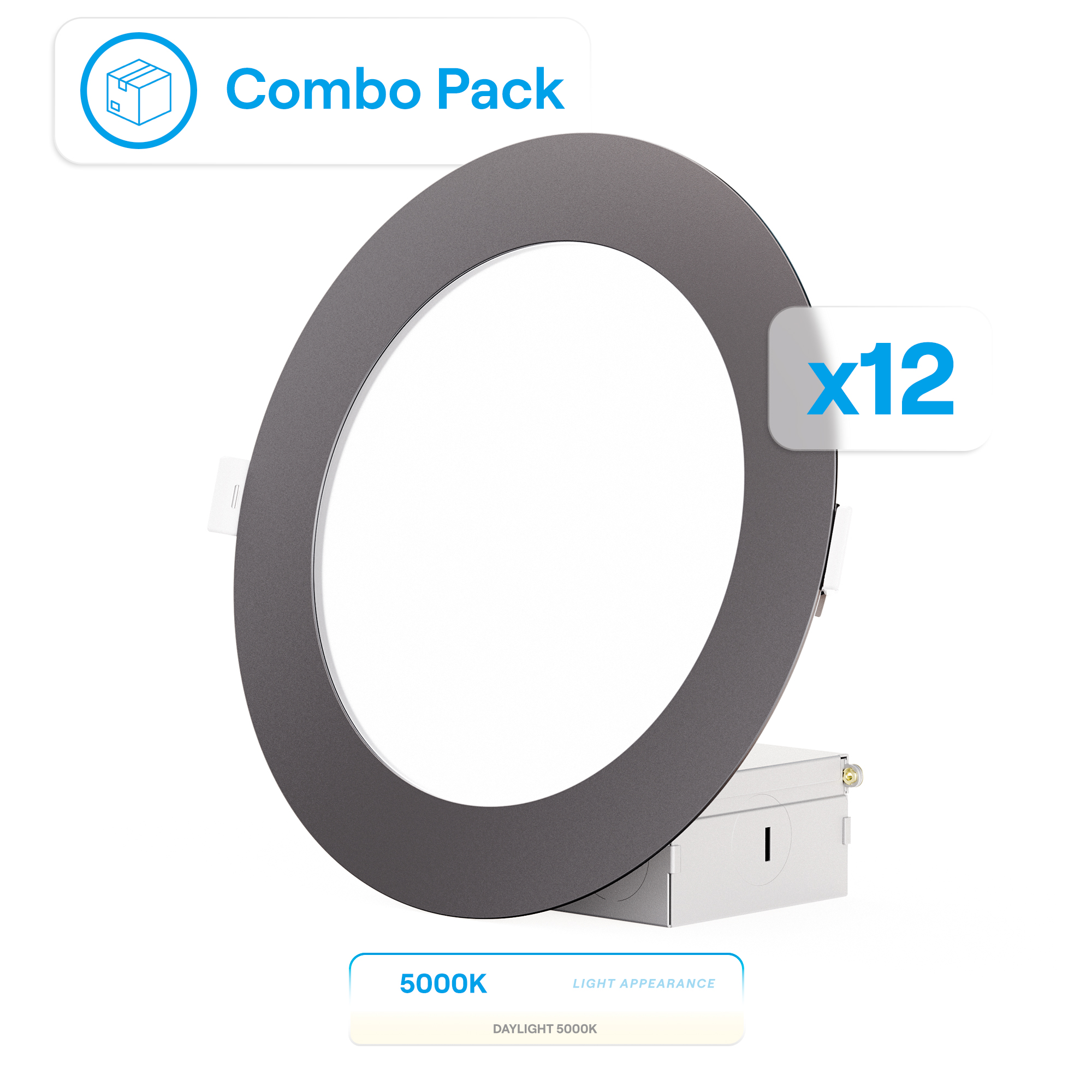 6 Inch Ultra-Thin Recessed LED Downlight, 12W 1,050LM, 5000K Daylight, Black Trim, Wet Rated, Triac Dimmable, ETL, FCC, Energy Star