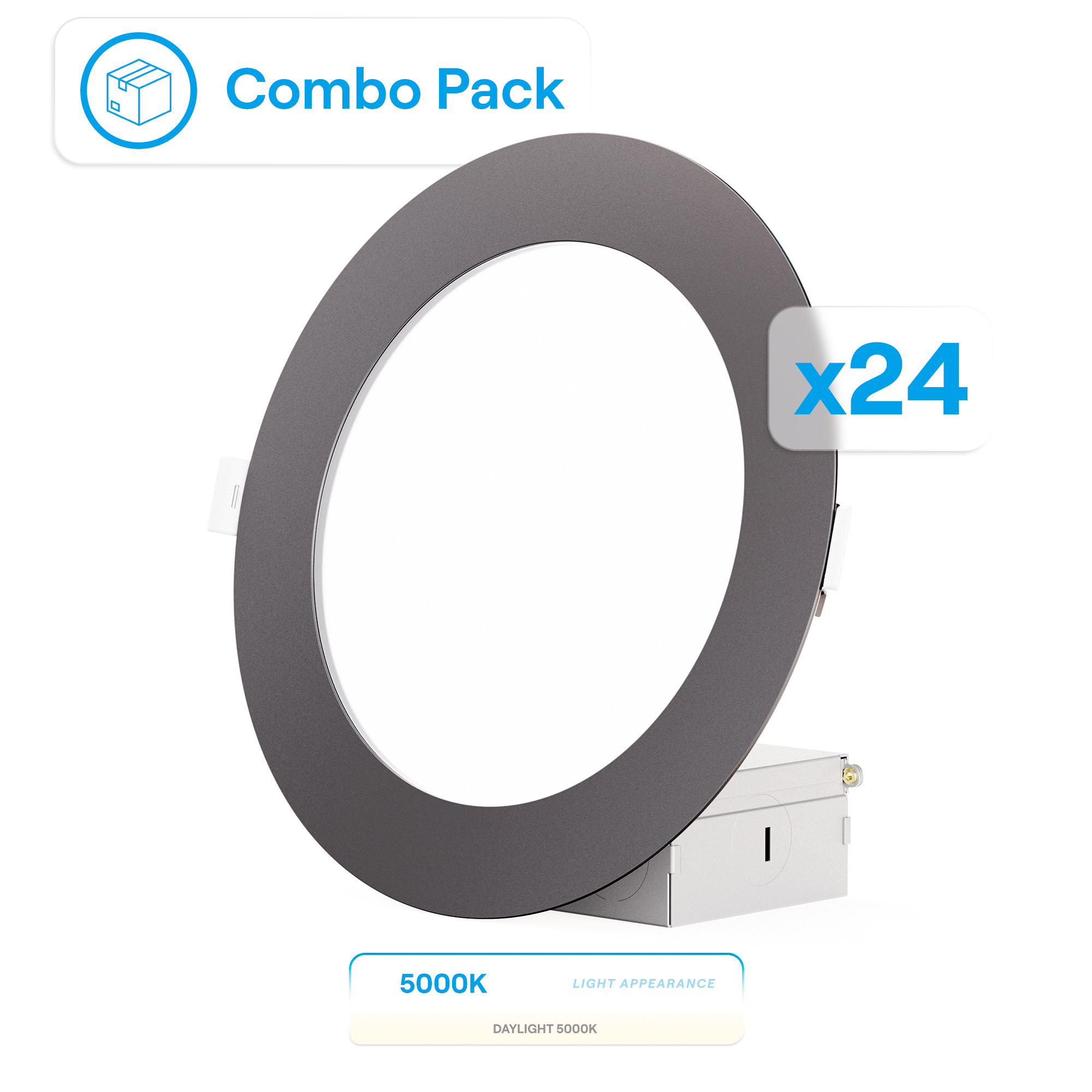 6 Inch Ultra-Thin Recessed LED Downlight, 12W 1,050LM, 5000K Daylight, Black Trim, Wet Rated, Triac Dimmable, ETL, FCC, Energy Star, (24 Pack)