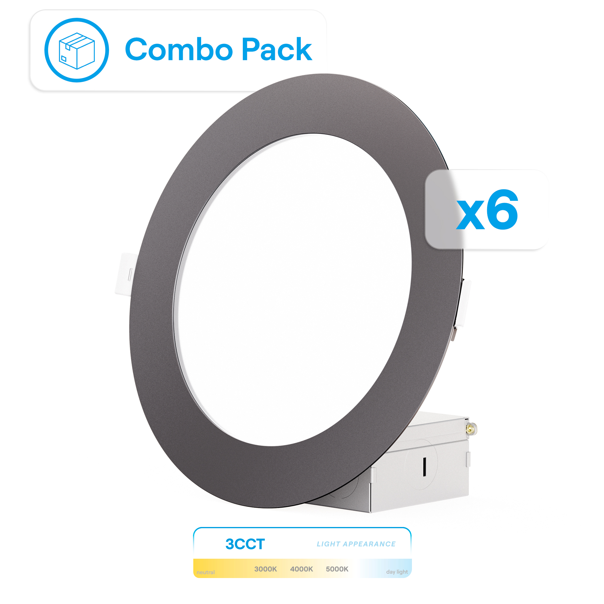 6 Inch Ultra-Thin Recessed LED Downlight, 12W 1,050LM, 3CCT Selectable, Black Trim, Wet Rated, Triac Dimmable, ETL, FCC, Energy Star, (6 Pack)