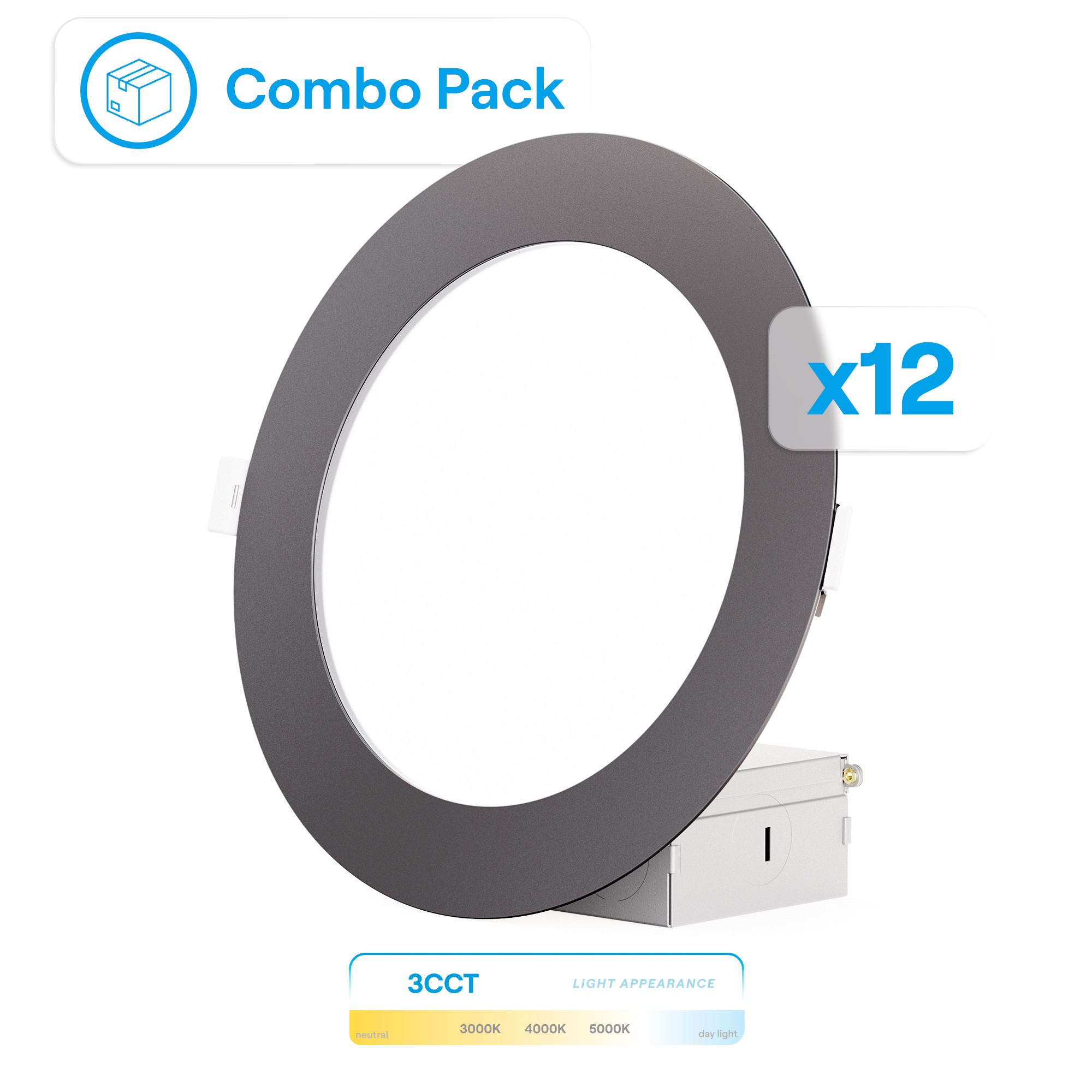 6 Inch Ultra-Thin Recessed LED Downlight, 12W 1,050LM, 3CCT Selectable, Black Trim, Wet Rated, Triac Dimmable, ETL, FCC, Energy Star, (6 Pack)