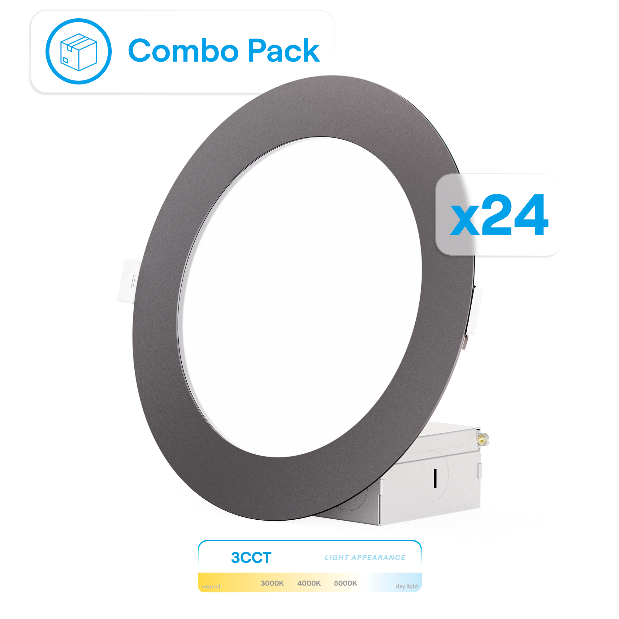 6 Inch Ultra-Thin Recessed LED Downlight, 12W 1,050LM, 3CCT Selectable, Black Trim, Wet Rated, Triac Dimmable, ETL, FCC, Energy Star, (24 Pack)