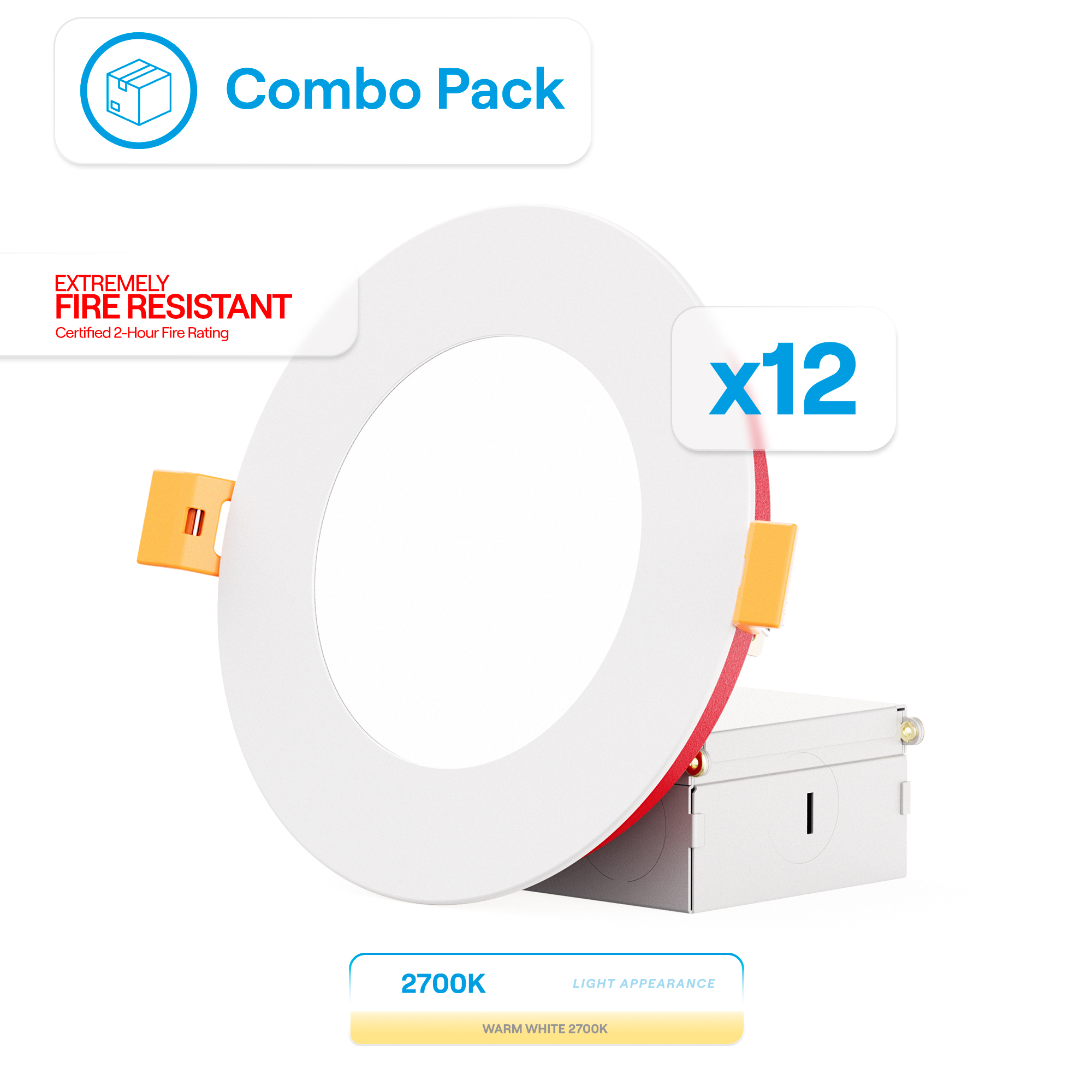 4 Inch Ultra-Thin Recessed LED Downlight, 9W 750LM, 2700K Soft White, White Trim, Fire Rated, Wet Rated, Triac Dimmable, ETL, FCC, Energy Star, (12 Pack)