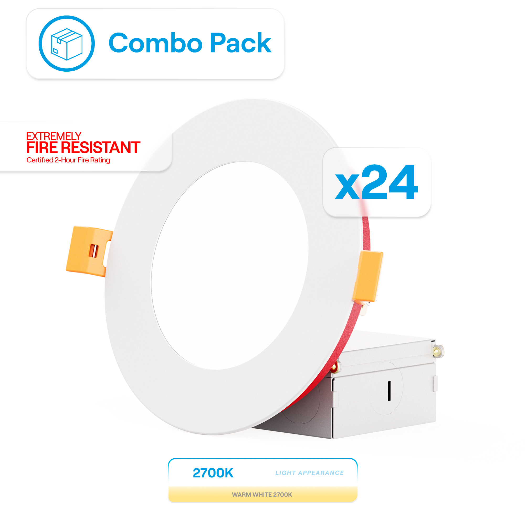 4 Inch Ultra-Thin Recessed LED Downlight, 9W 750LM, 2700K Soft White, White Trim, Fire Rated, Wet Rated, Triac Dimmable, ETL, FCC, Energy Star, (24 Pack)
