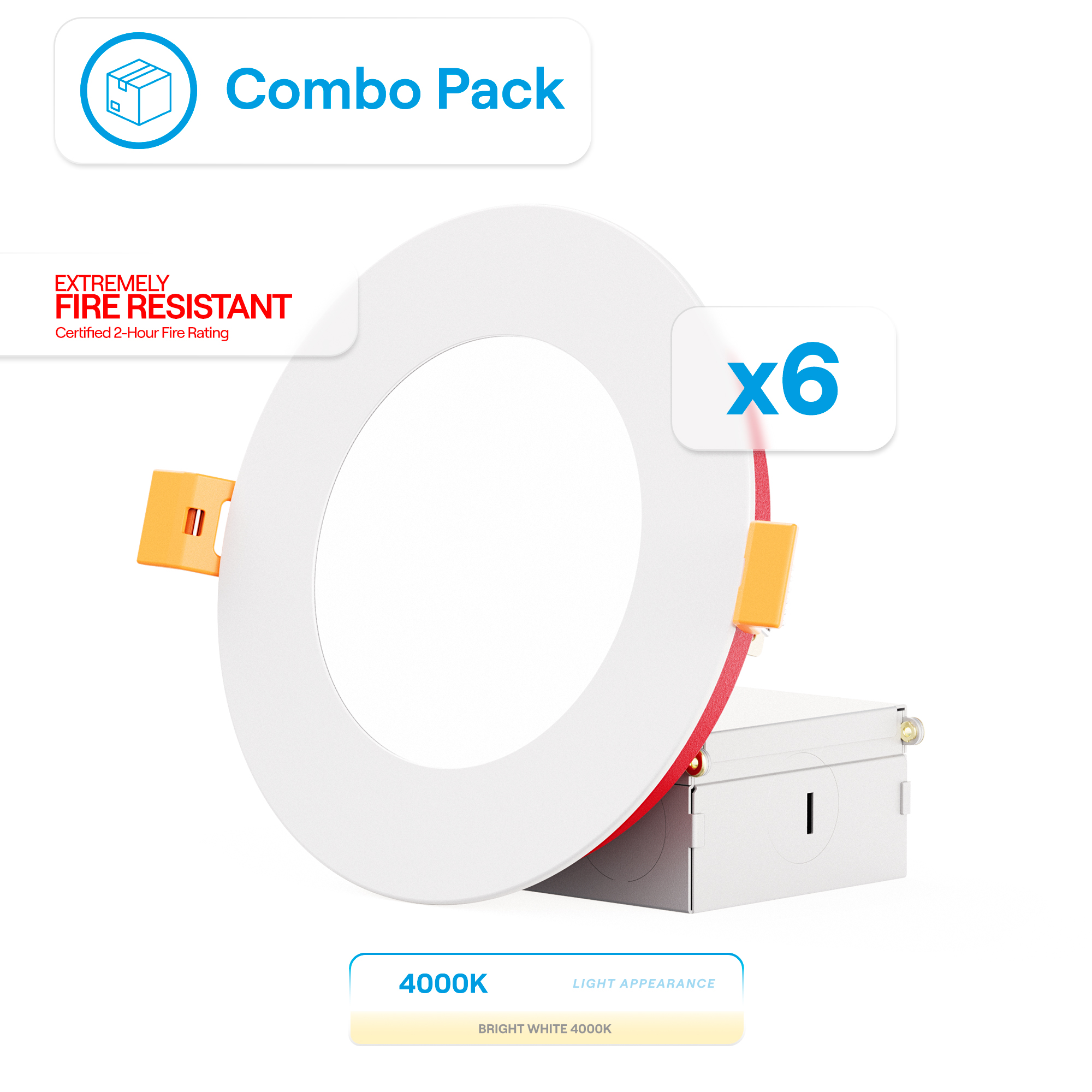 4 Inch Ultra-Thin Recessed LED Downlight, 9W 750LM, 4000K Cool White, White Trim, Fire Rated, Wet Rated, Triac Dimmable, ETL, FCC, Energy Star