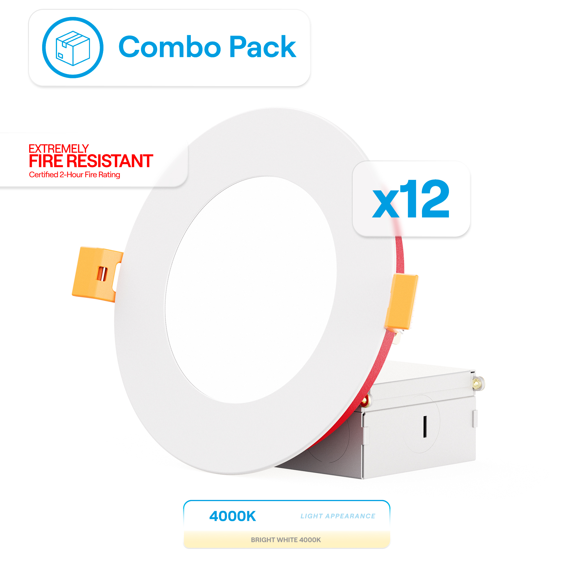 4 Inch Ultra-Thin Recessed LED Downlight, 9W 750LM, 4000K Cool White, White Trim, Fire Rated, Wet Rated, Triac Dimmable, ETL, FCC, Energy Star