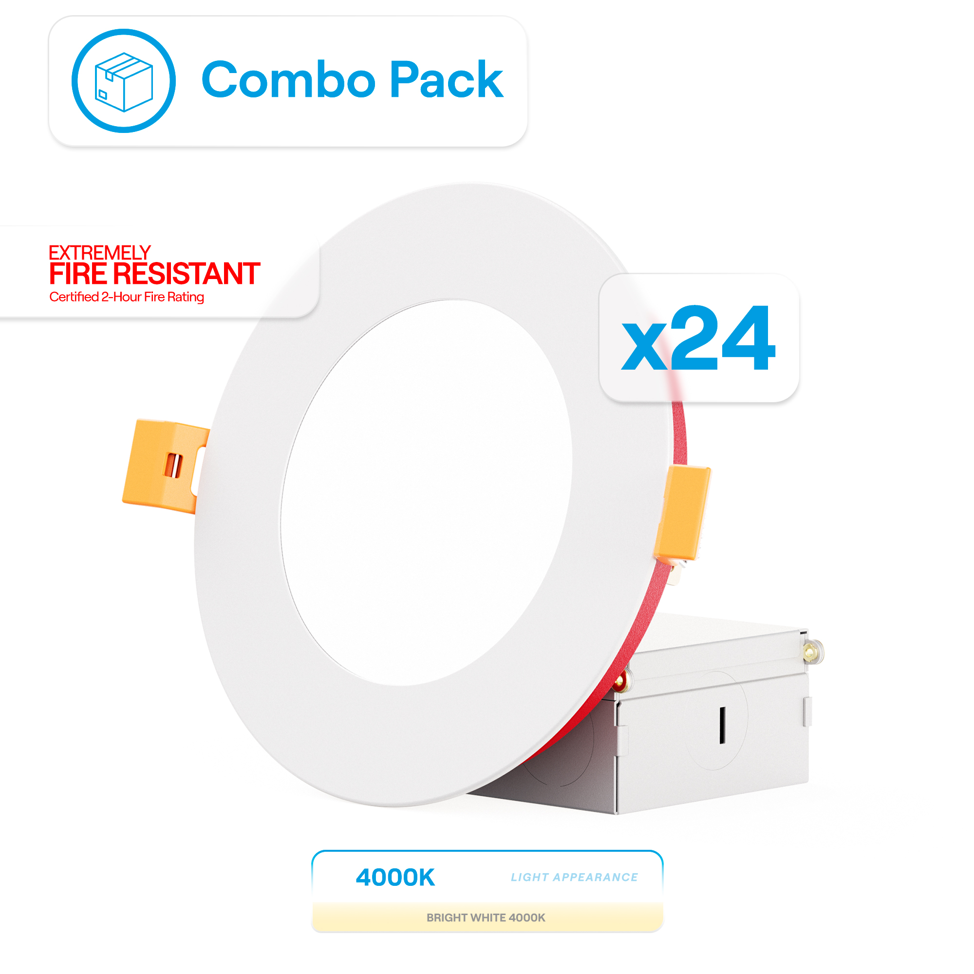 4 Inch Ultra-Thin Recessed LED Downlight, 9W 750LM, 4000K Cool White, White Trim, Fire Rated, Wet Rated, Triac Dimmable, ETL, FCC, Energy Star, (24 Pack)