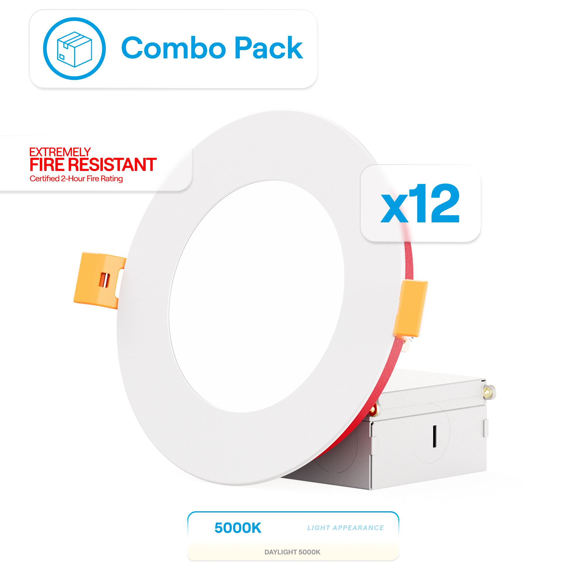4 Inch Ultra-Thin Recessed LED Downlight, 9W 750LM, 5000K Daylight, White Trim, Fire Rated, Wet Rated, Triac Dimmable, ETL, FCC, Energy Star, (12 Pack)
