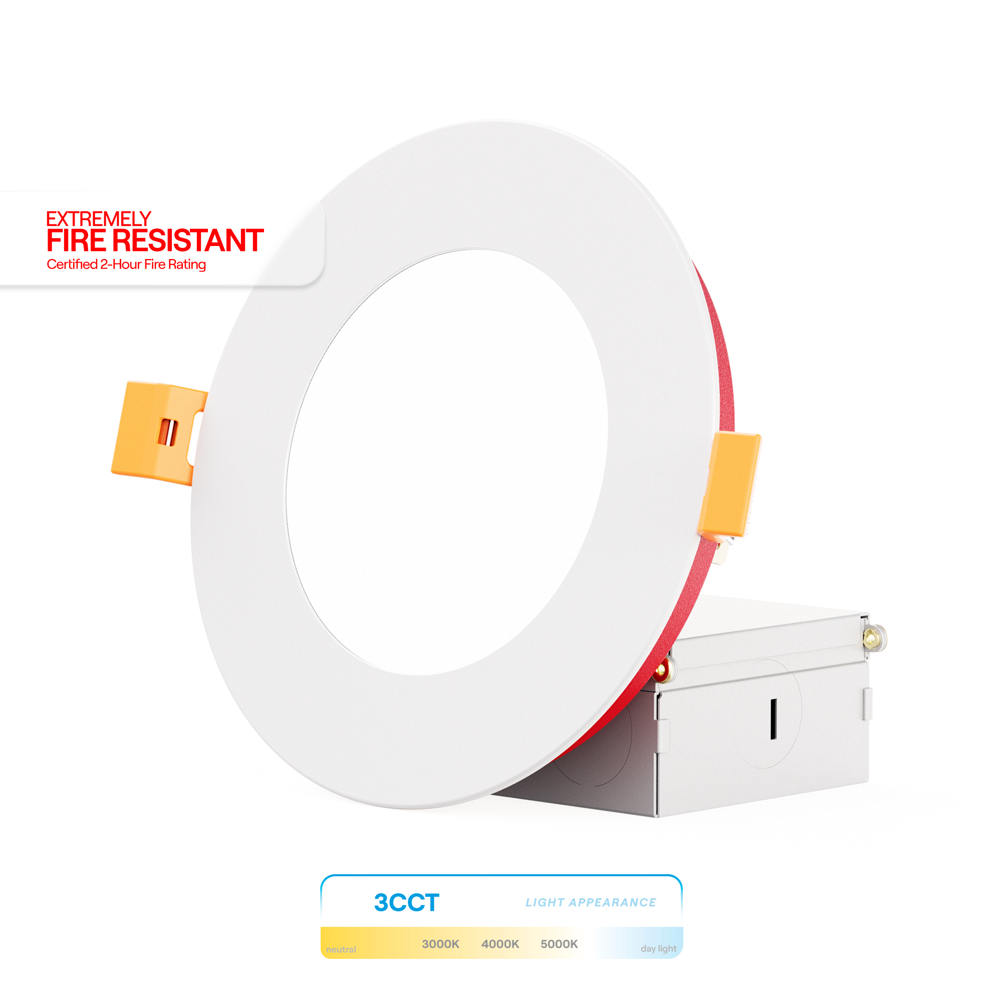 4 Inch Ultra-Thin Recessed LED Downlight, 9W 750LM, 3CCT Selectable, White Trim, Fire Rated, Wet Rated, Triac Dimmable, ETL, FCC, Energy Star