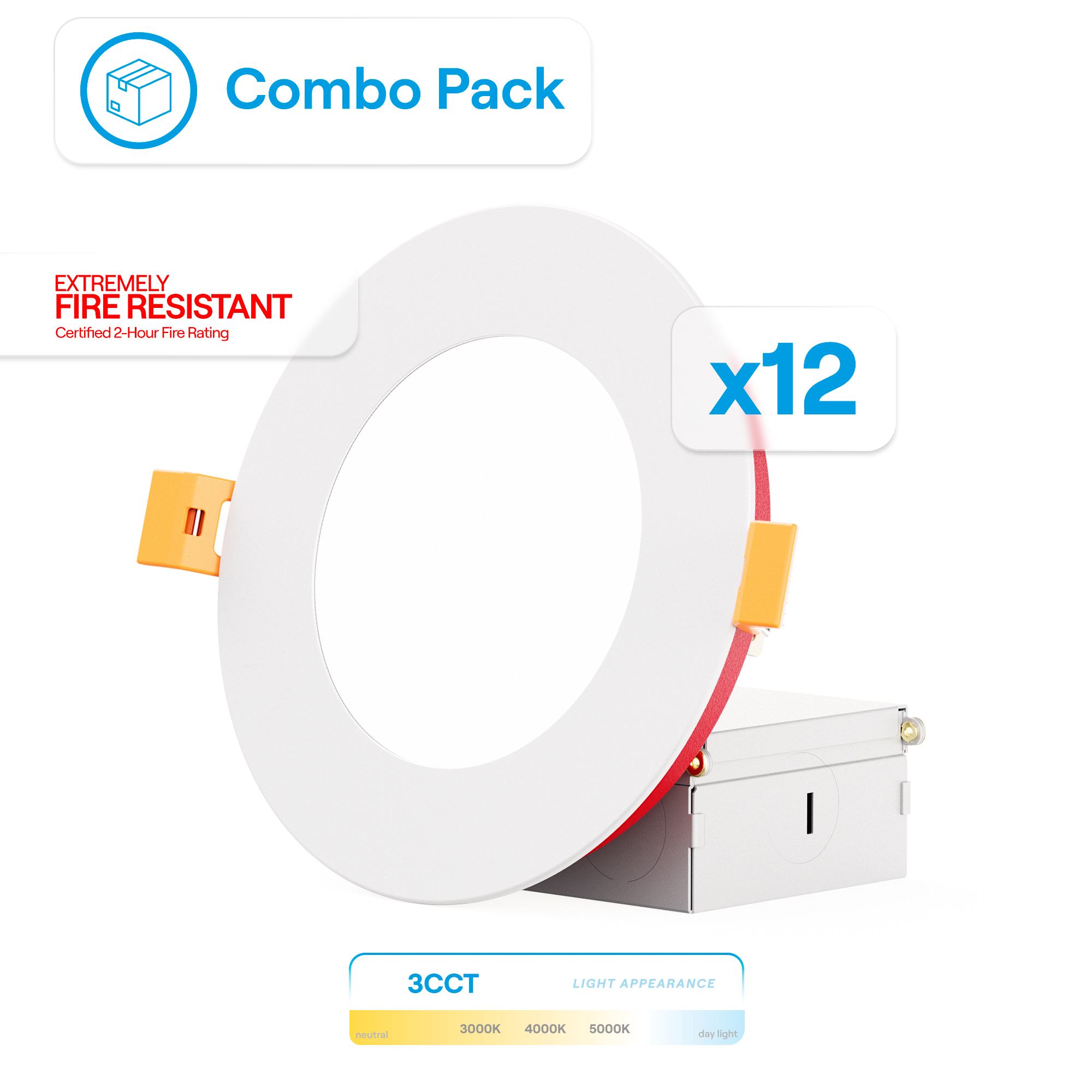 4 Inch Ultra-Thin Recessed LED Downlight, 9W 750LM, 3CCT Selectable, White Trim, Fire Rated, Wet Rated, Triac Dimmable, ETL, FCC, Energy Star, (12 Pack)