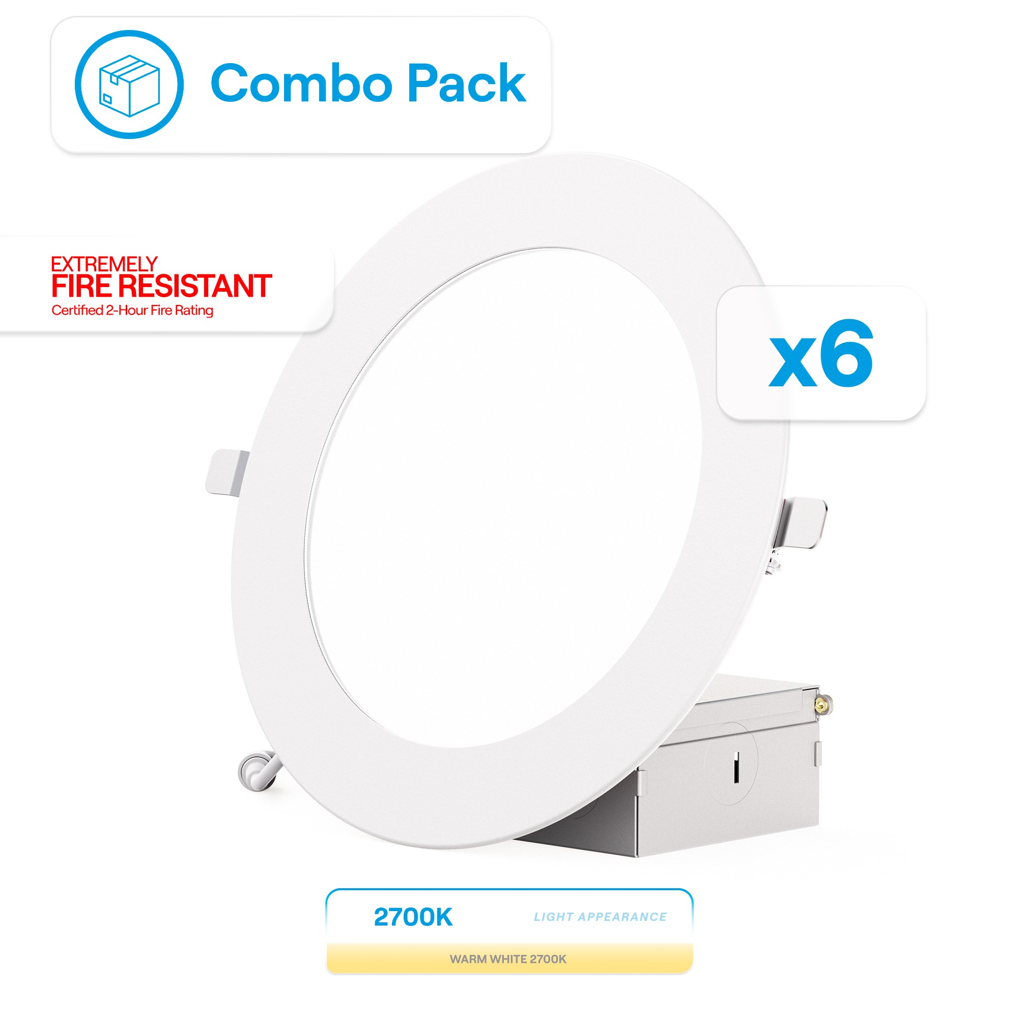 6 Inch Ultra-Thin Recessed LED Downlight, 12W 1,050LM, 2700K Soft White, White Trim, Fire Rated, Wet Rated, Triac Dimmable, ETL, FCC, Energy Star