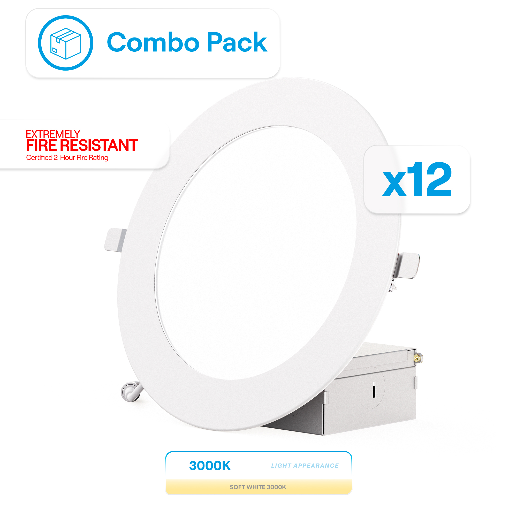 6 Inch Ultra-Thin Recessed LED Downlight, 12W 1,050LM, 3000K Warm White, White Trim, Fire Rated, Wet Rated, Triac Dimmable, ETL, FCC, Energy Star, (12 Pack)