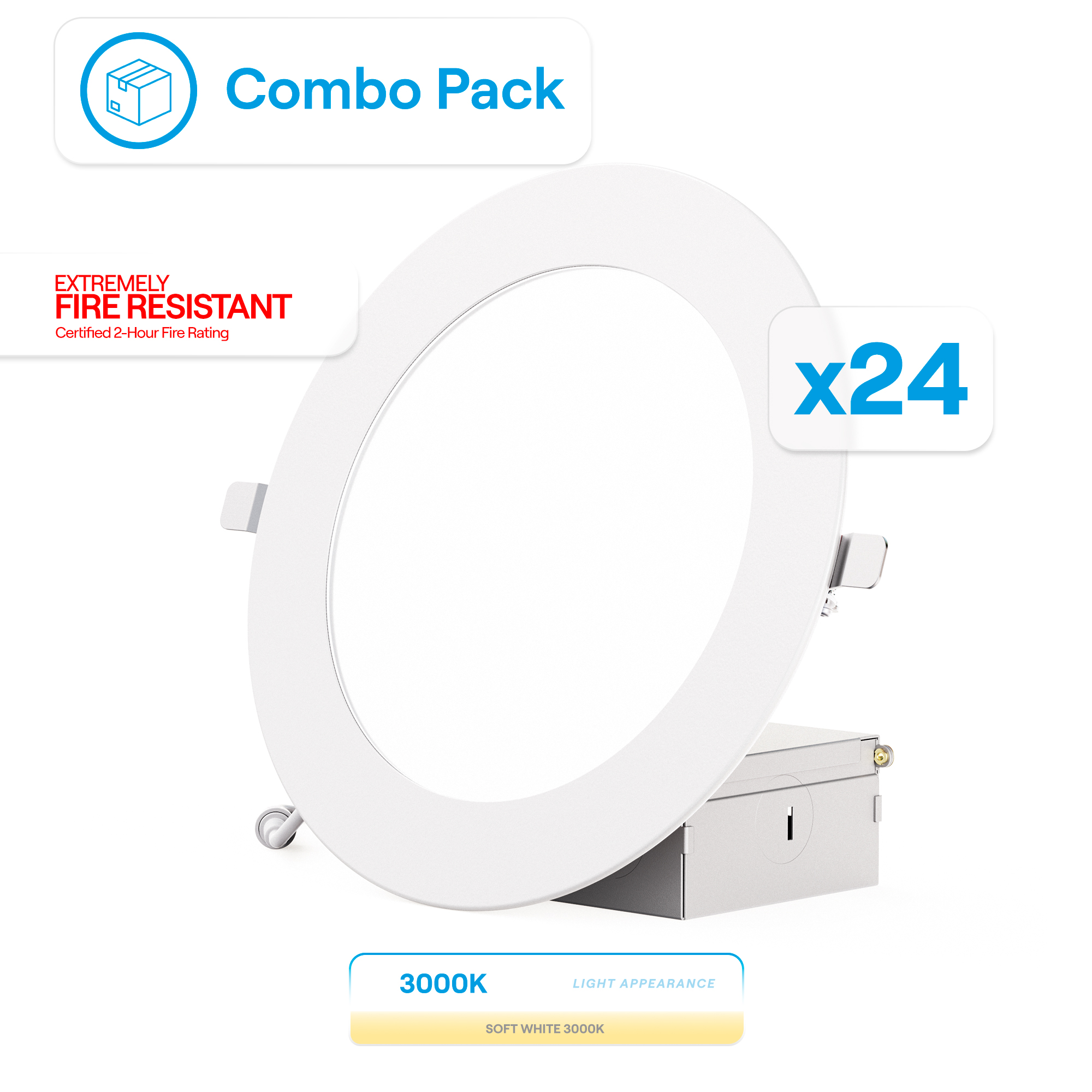 6 Inch Ultra-Thin Recessed LED Downlight, 12W 1,050LM, 3000K Warm White, White Trim, Fire Rated, Wet Rated, Triac Dimmable, ETL, FCC, Energy Star, (24 Pack)