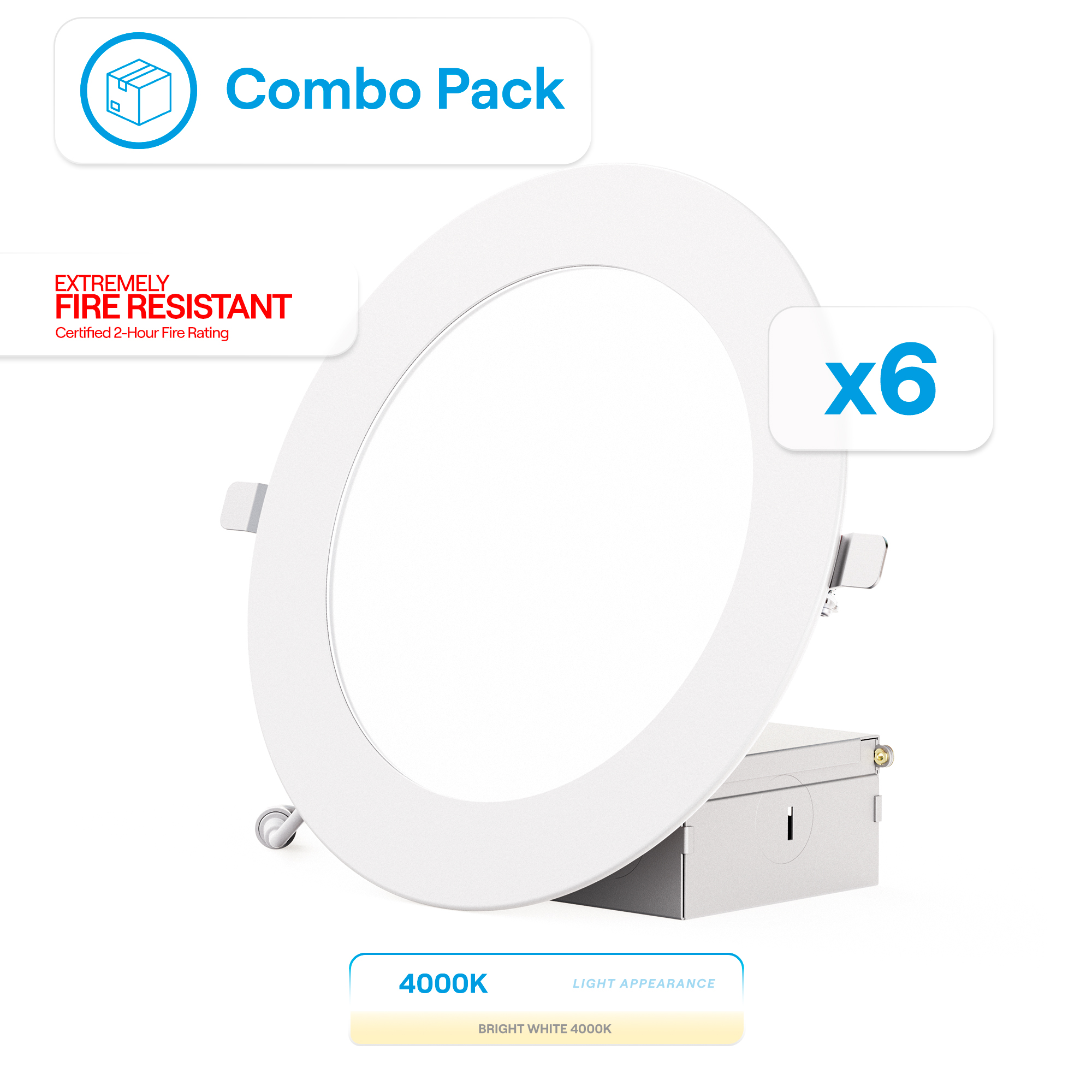 6 Inch Ultra-Thin Recessed LED Downlight, 12W 1,050LM, 4000K Cool White, White Trim, Fire Rated, Wet Rated, Triac Dimmable, ETL, FCC, Energy Star