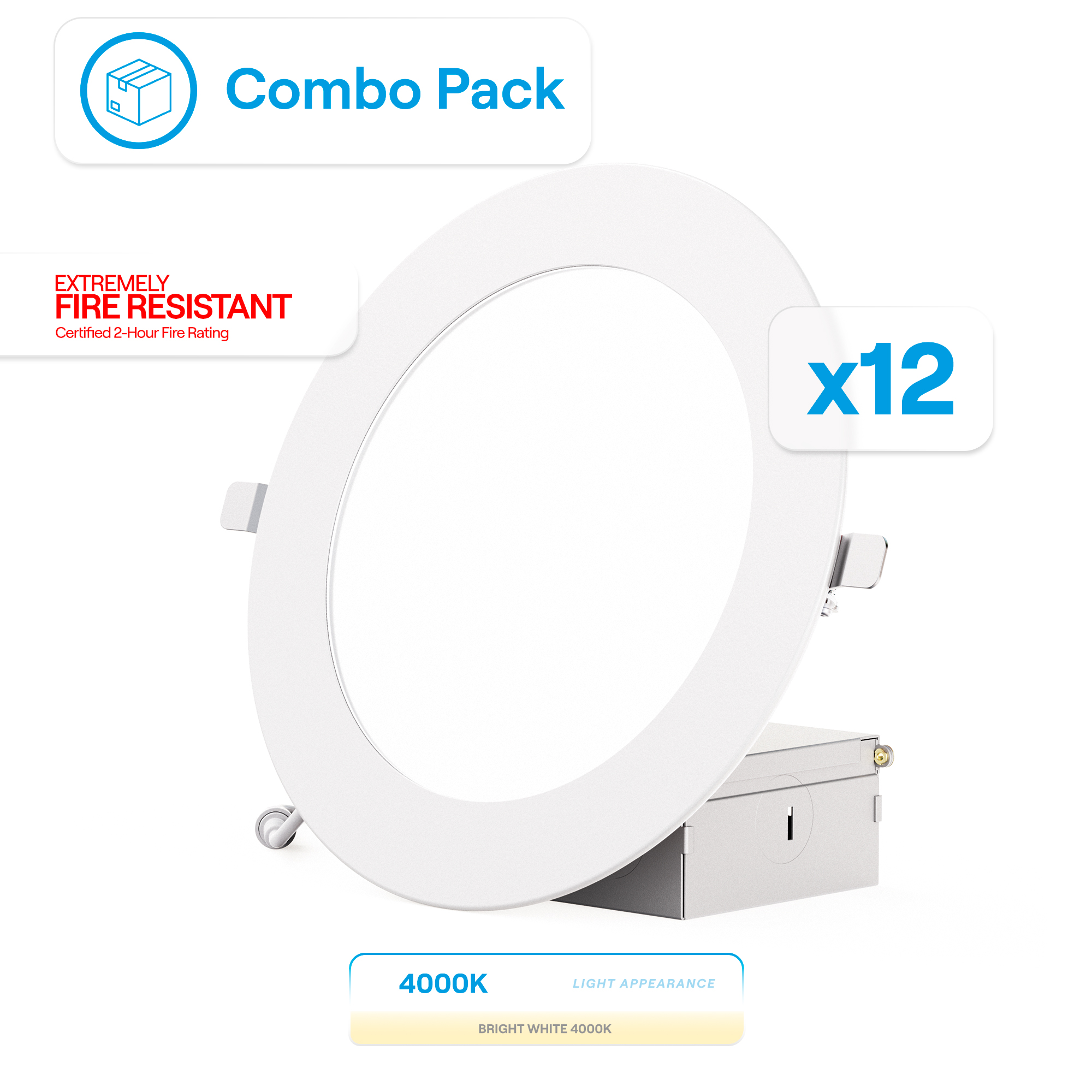 6 Inch Ultra-Thin Recessed LED Downlight, 12W 1,050LM, 4000K Cool White, White Trim, Fire Rated, Wet Rated, Triac Dimmable, ETL, FCC, Energy Star