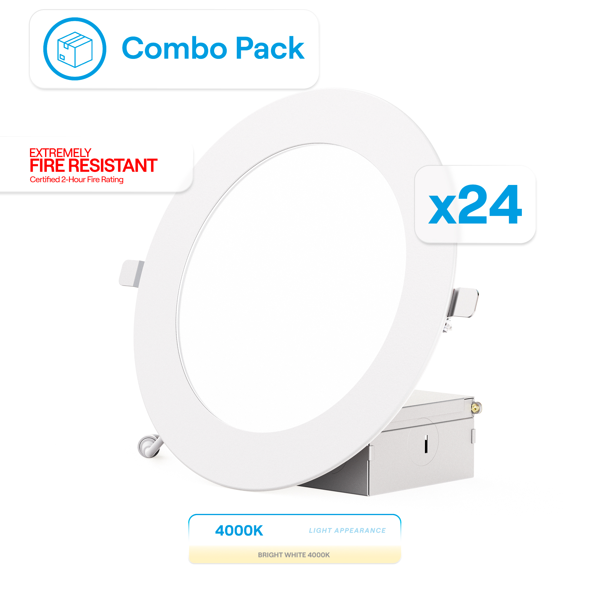 6 Inch Ultra-Thin Recessed LED Downlight, 12W 1,050LM, 4000K Cool White, White Trim, Fire Rated, Wet Rated, Triac Dimmable, ETL, FCC, Energy Star, (24 Pack)