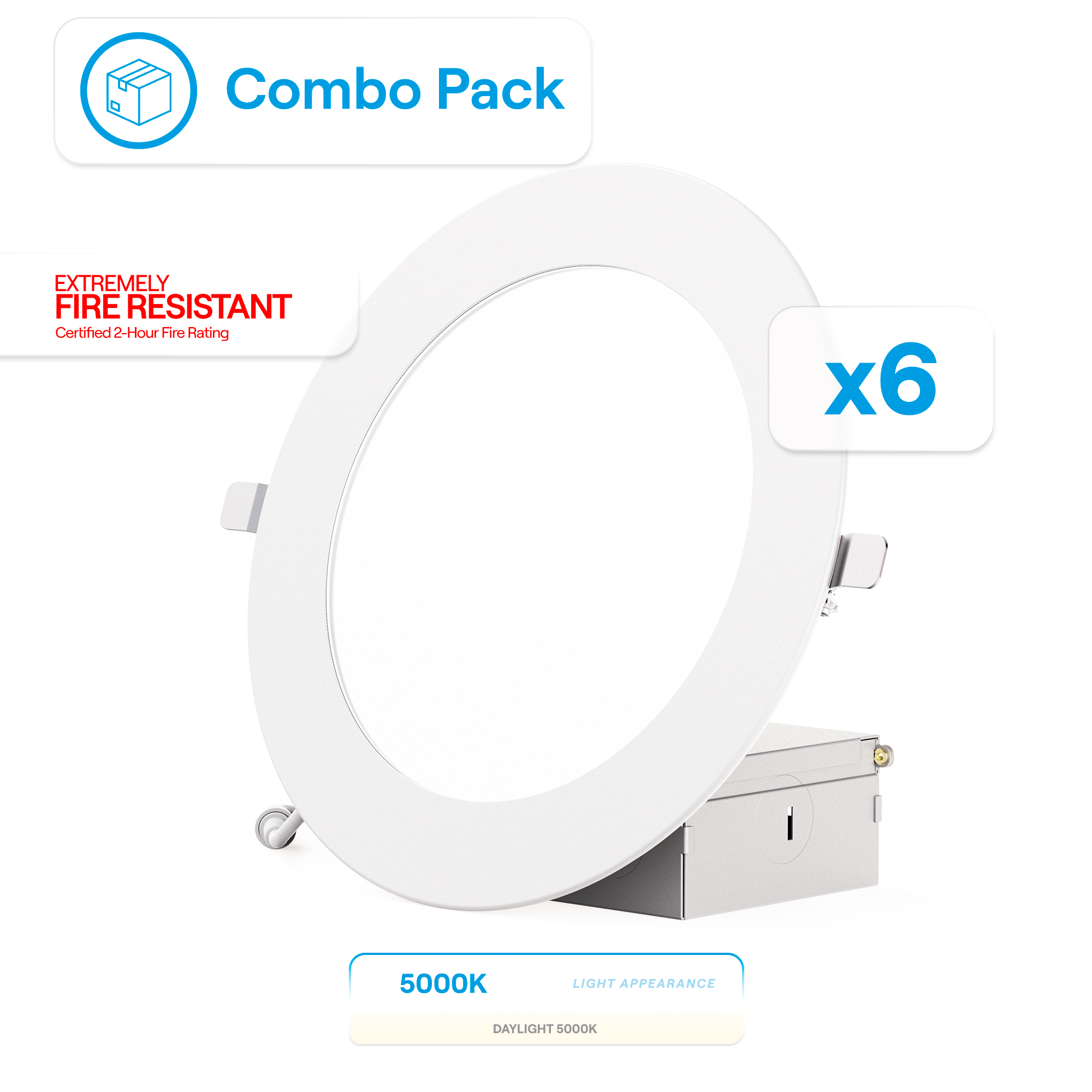 6 Inch Ultra-Thin Recessed LED Downlight, 12W 1,050LM, 5000K Daylight, White Trim, Fire Rated, Wet Rated, Triac Dimmable, ETL, FCC, Energy Star
