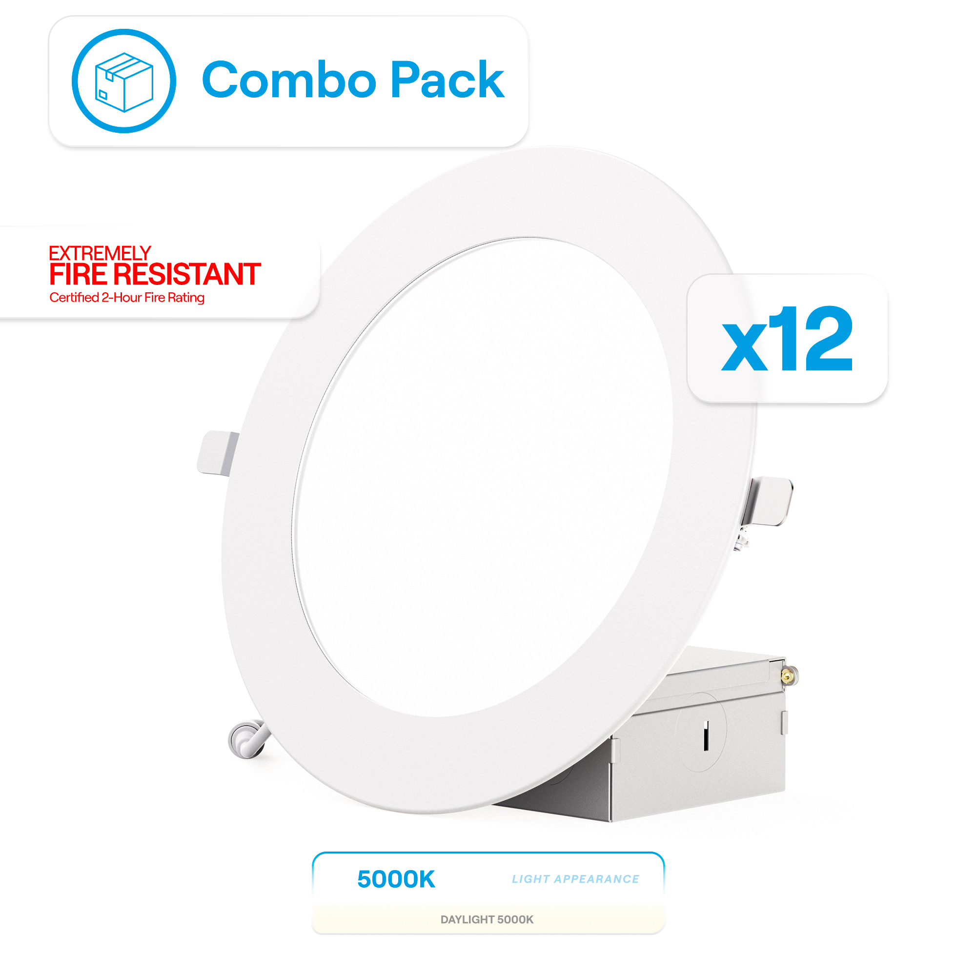 6 Inch Ultra-Thin Recessed LED Downlight, 12W 1,050LM, 5000K Daylight, White Trim, Fire Rated, Wet Rated, Triac Dimmable, ETL, FCC, Energy Star, (12 Pack)