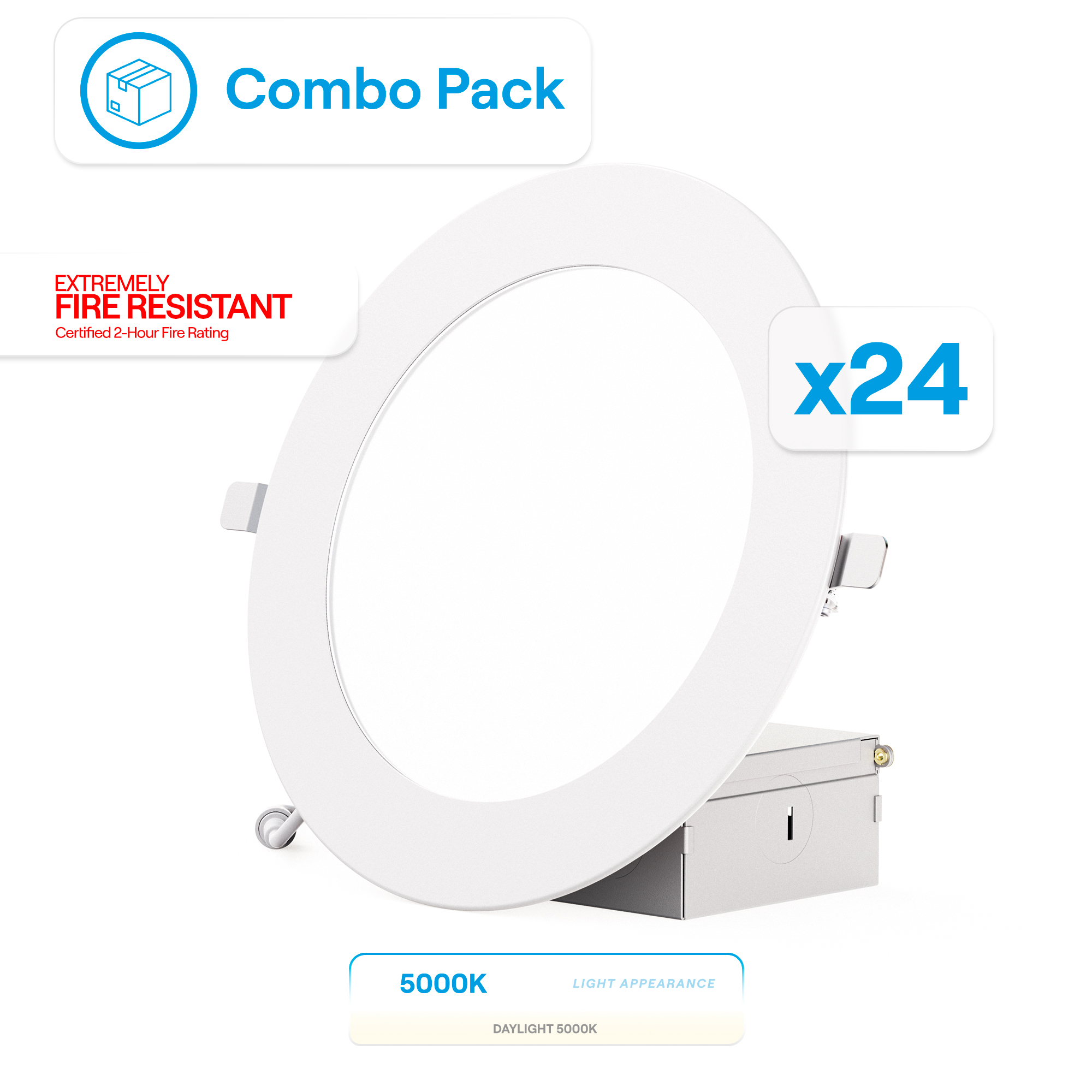 6 Inch Ultra-Thin Recessed LED Downlight, 12W 1,050LM, 5000K Daylight, White Trim, Fire Rated, Wet Rated, Triac Dimmable, ETL, FCC, Energy Star, (24 Pack)