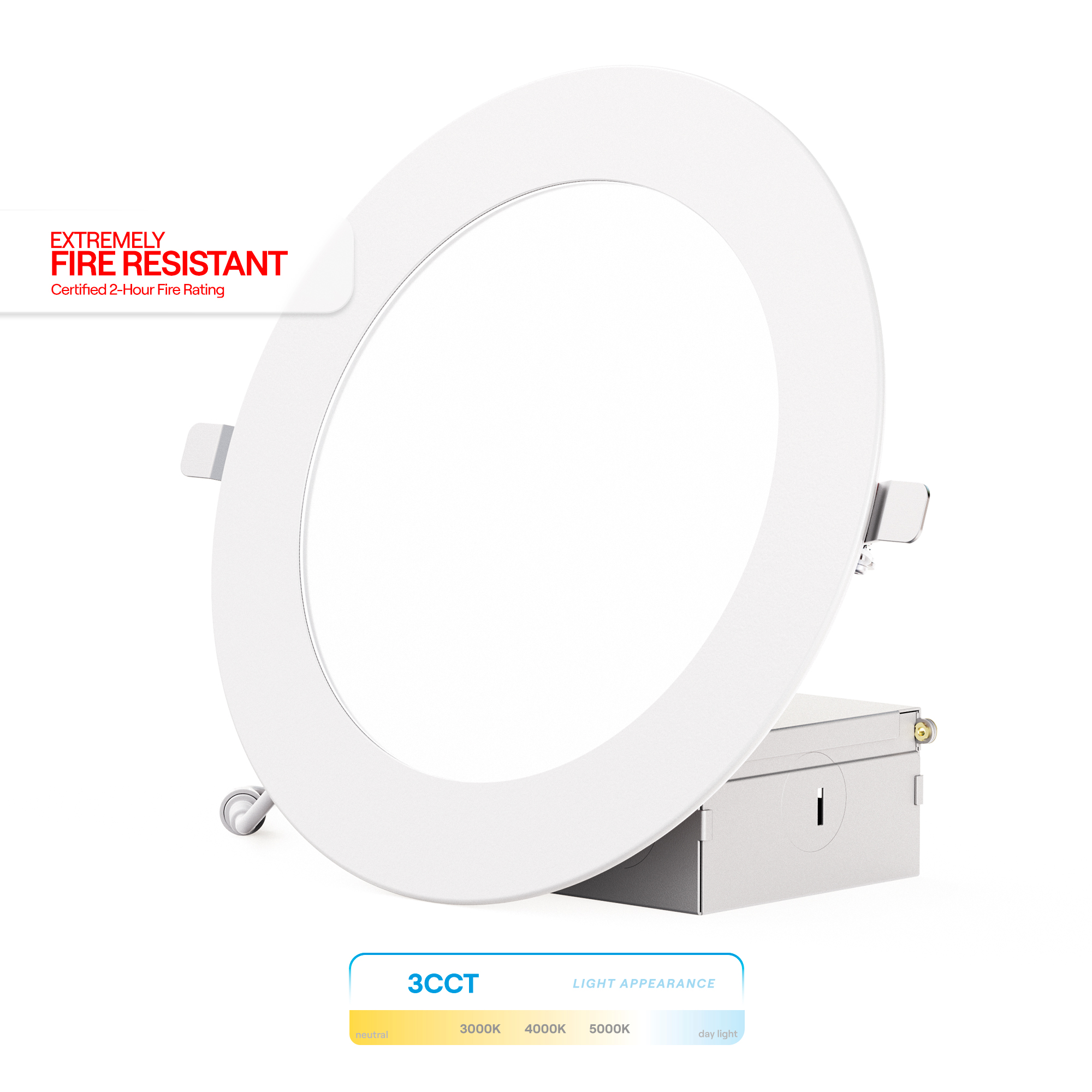 6 Inch Ultra-Thin Recessed LED Downlight, 12W 1,050LM, 3CCT Selectable, White Trim, Fire Rated, Wet Rated, Triac Dimmable, ETL, FCC, Energy Star